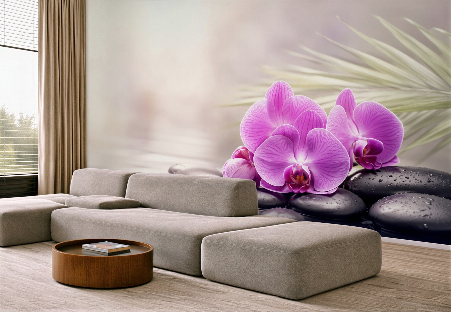 Fototapeta fioletowa orchidea na czarnym kamieniu w pobliżu wody?v23