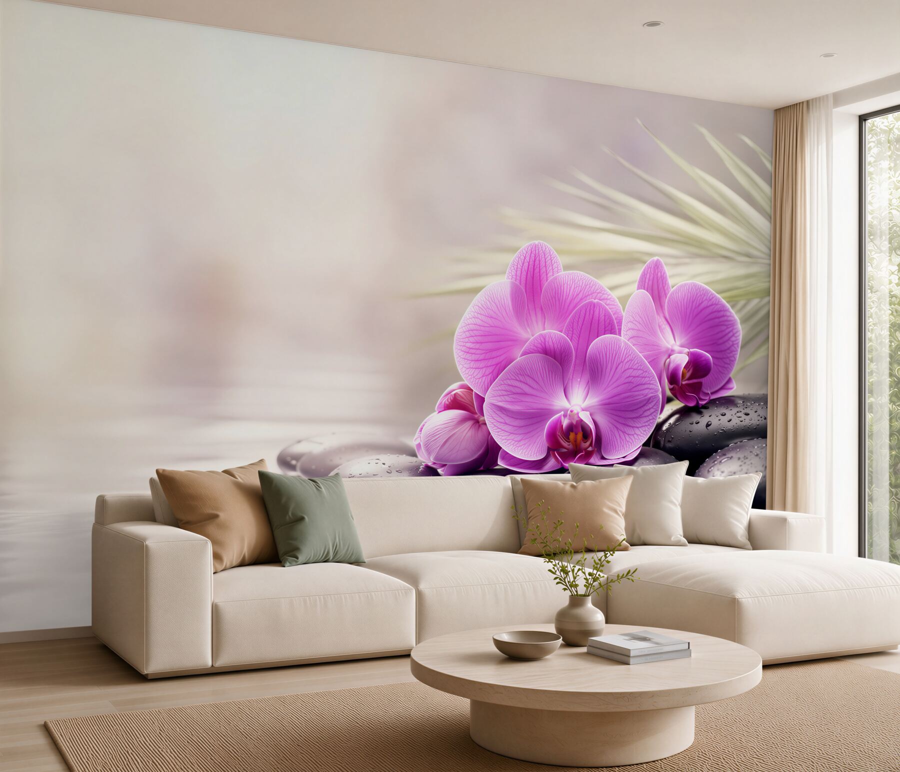 Fototapeta fioletowa orchidea na czarnym kamieniu w pobliżu wody?v23
