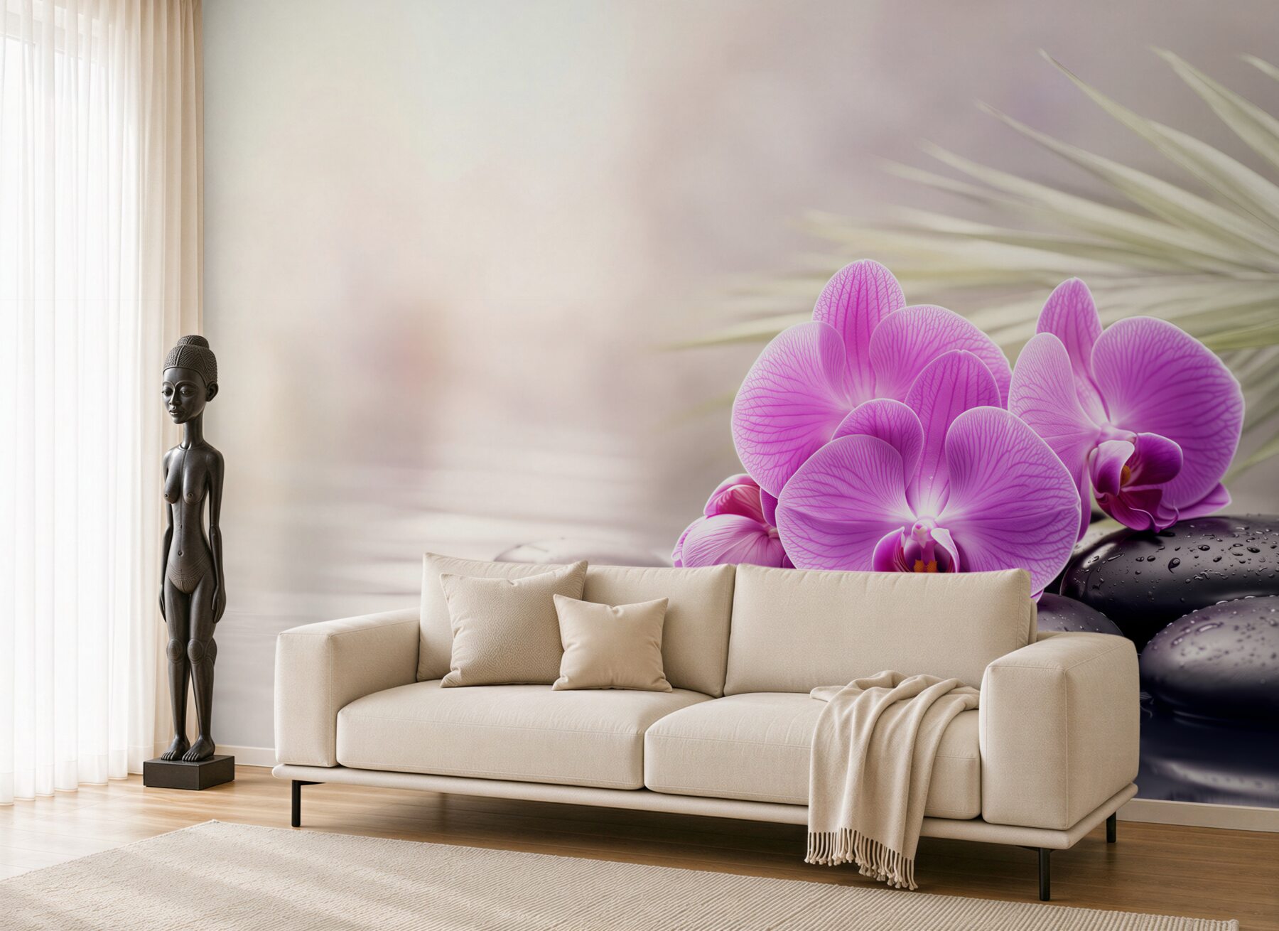 Fototapeta fioletowa orchidea na czarnym kamieniu w pobliżu wody?v23