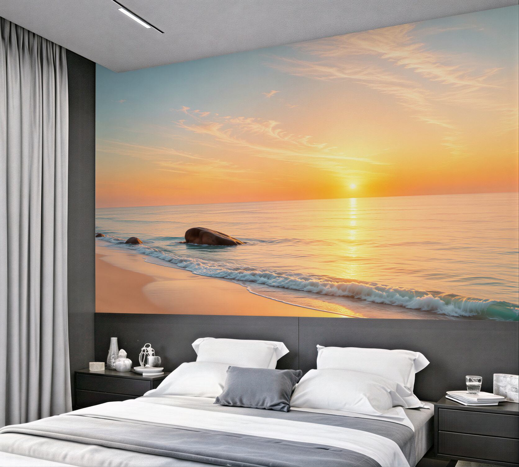 Fototapeta zachód słońca nad falami i plażą?v23