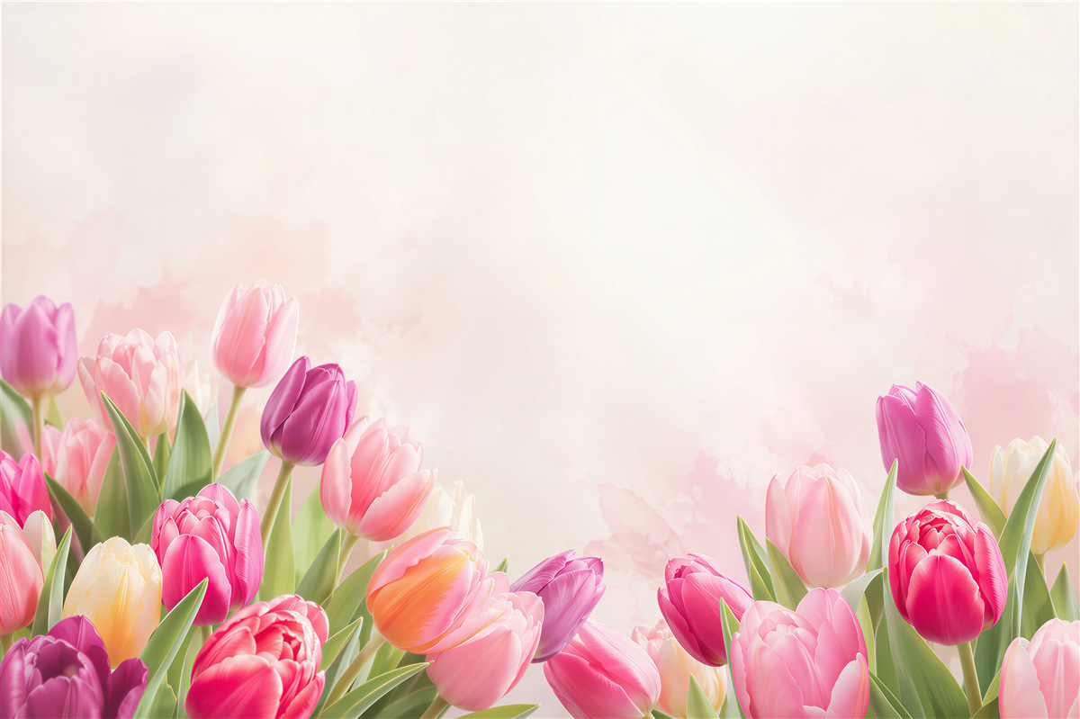 Fototapeta kolorowe wiosenne tulipany z zielenią
