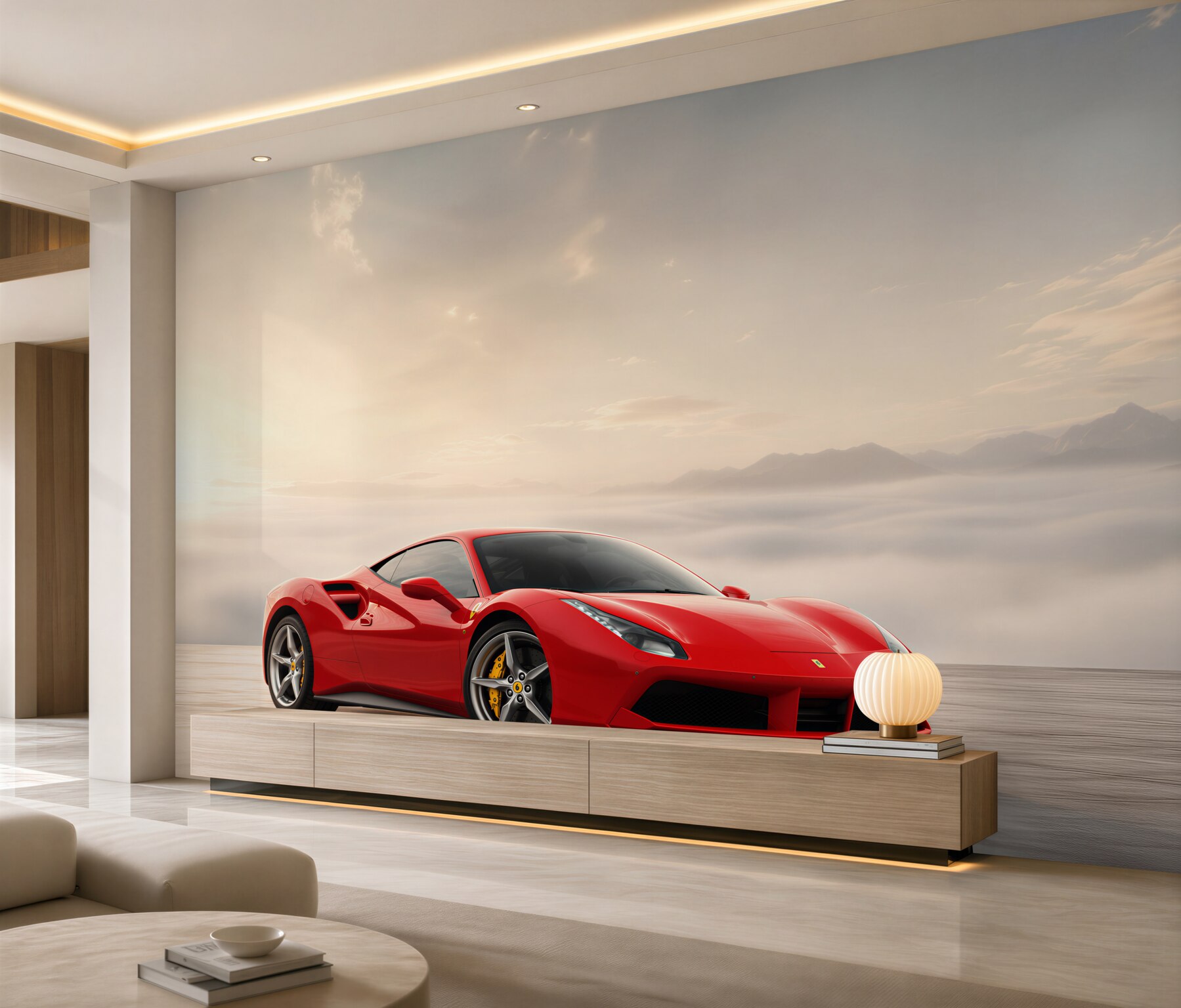 Fototapeta Jasnoczerwone Ferrari w deszczowy dzień?v23