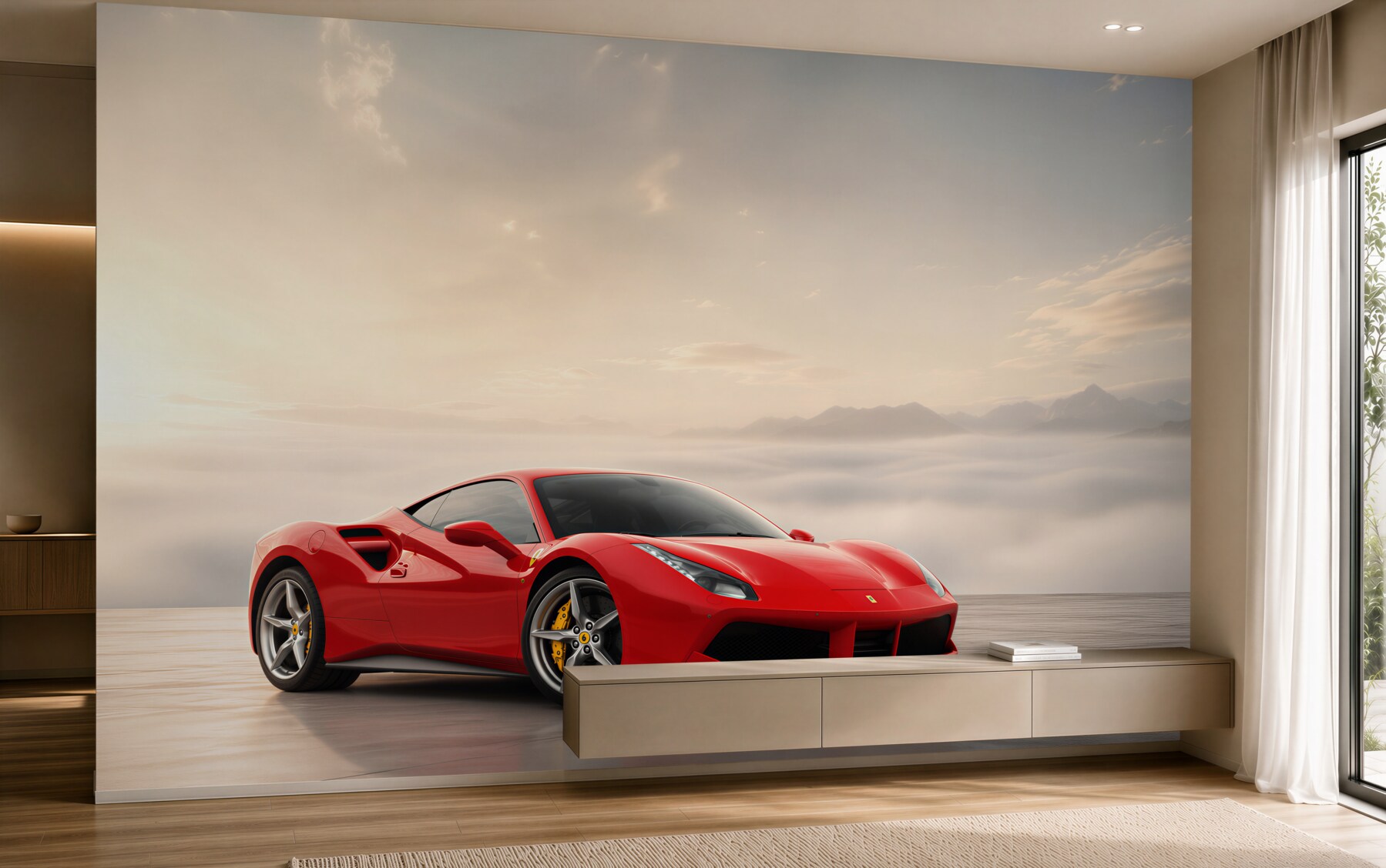 Fototapeta Jasnoczerwone Ferrari w deszczowy dzień?v23