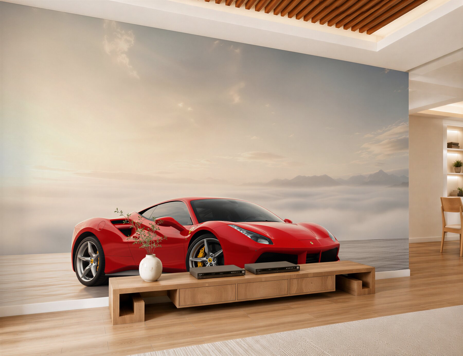 Fototapeta Jasnoczerwone Ferrari w deszczowy dzień