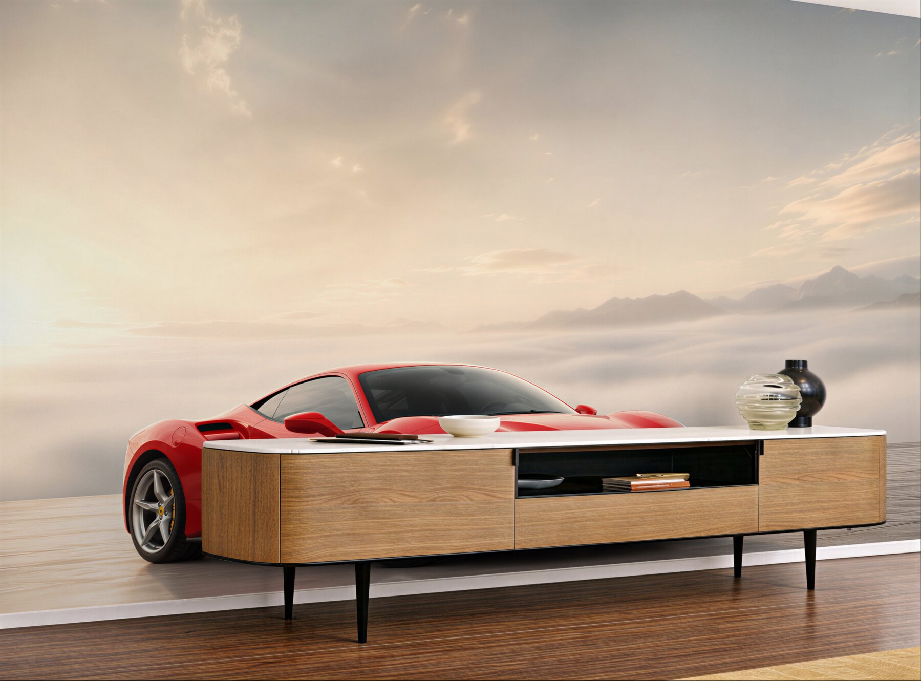 Fototapeta Jasnoczerwone Ferrari w deszczowy dzień?v23