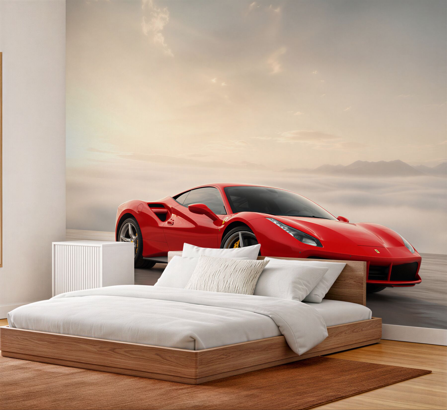 Fototapeta Jasnoczerwone Ferrari w deszczowy dzień?v23
