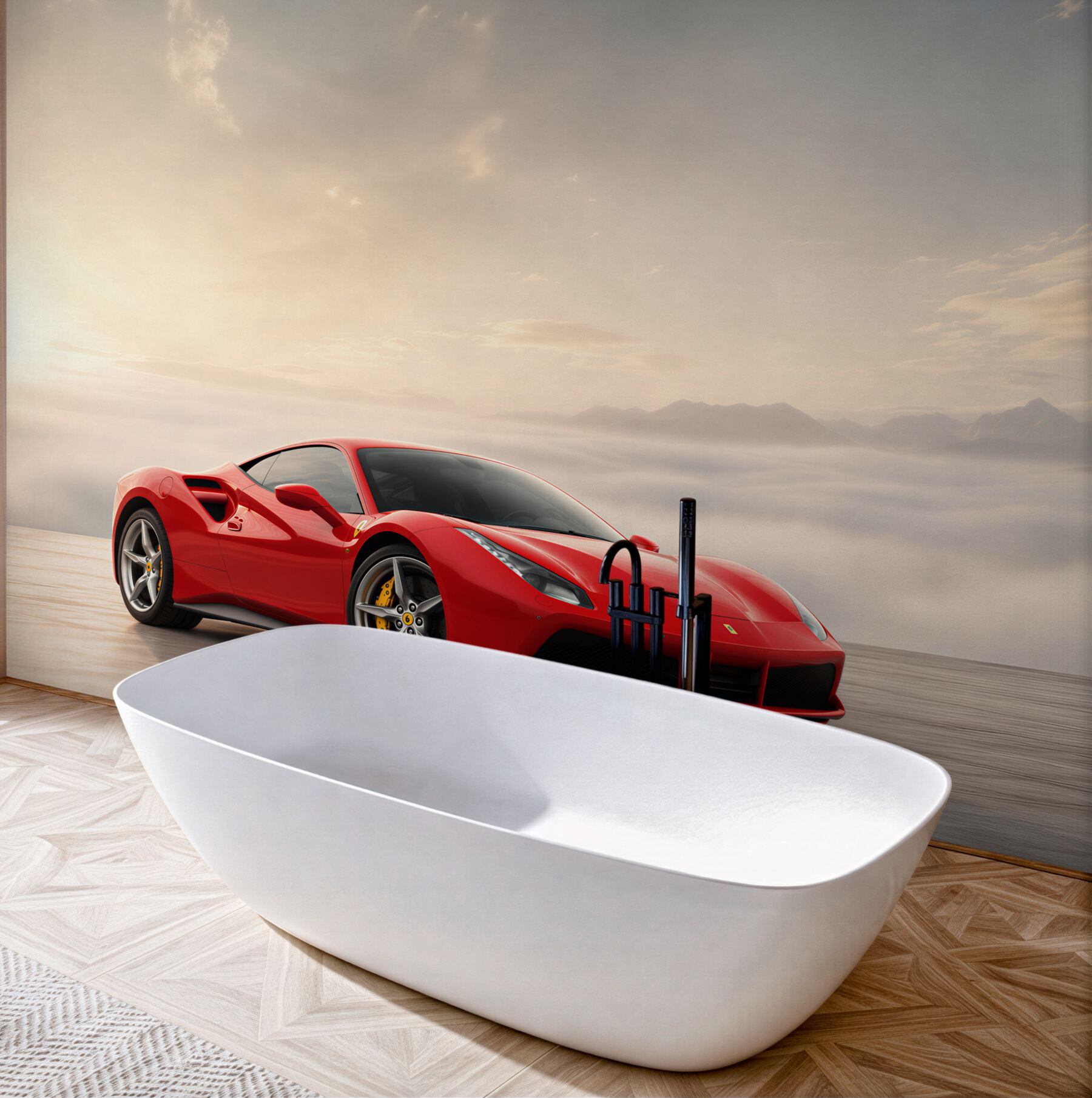 Fototapeta Jasnoczerwone Ferrari w deszczowy dzień?v23