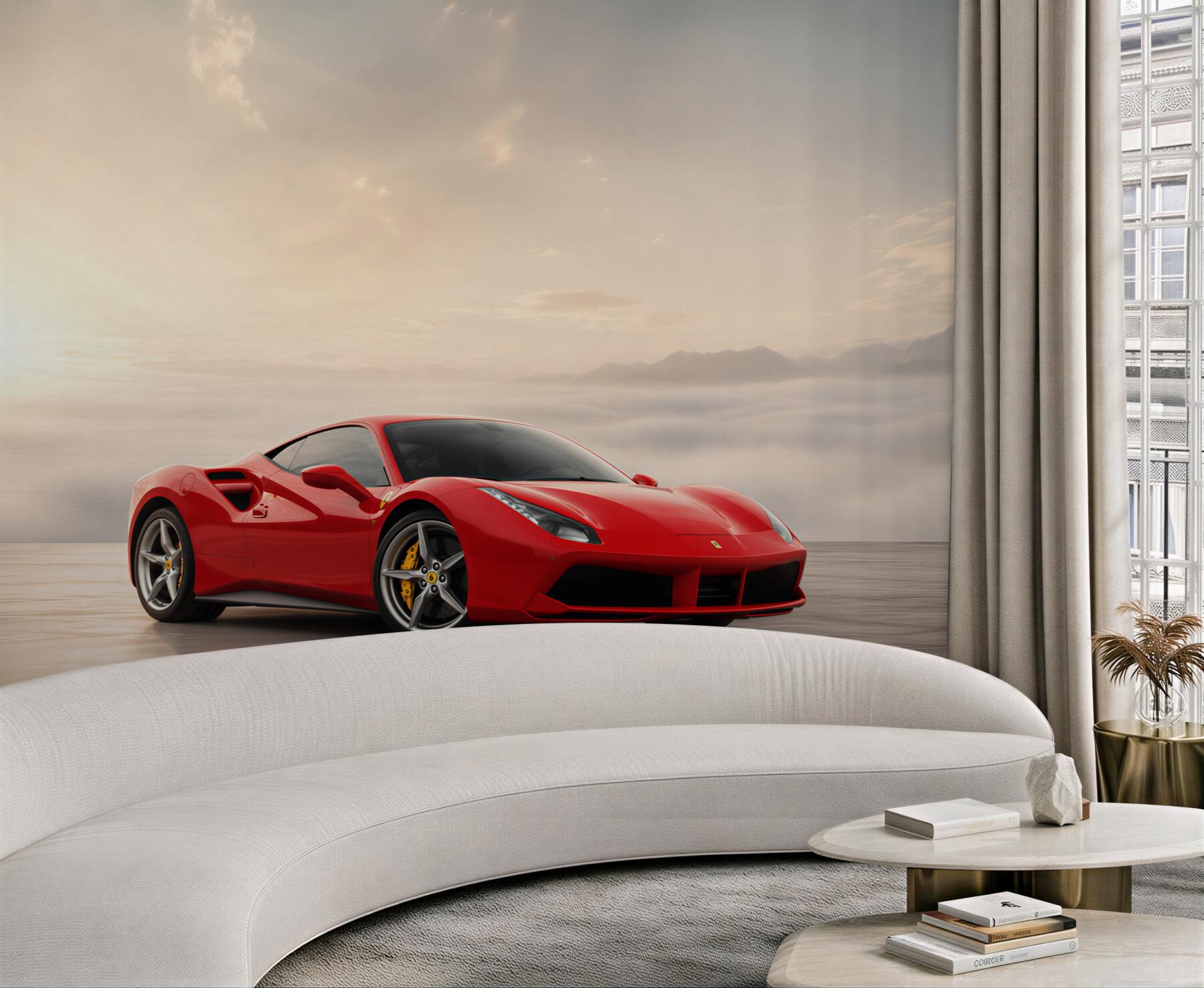 Fototapeta Jasnoczerwone Ferrari w deszczowy dzień?v23