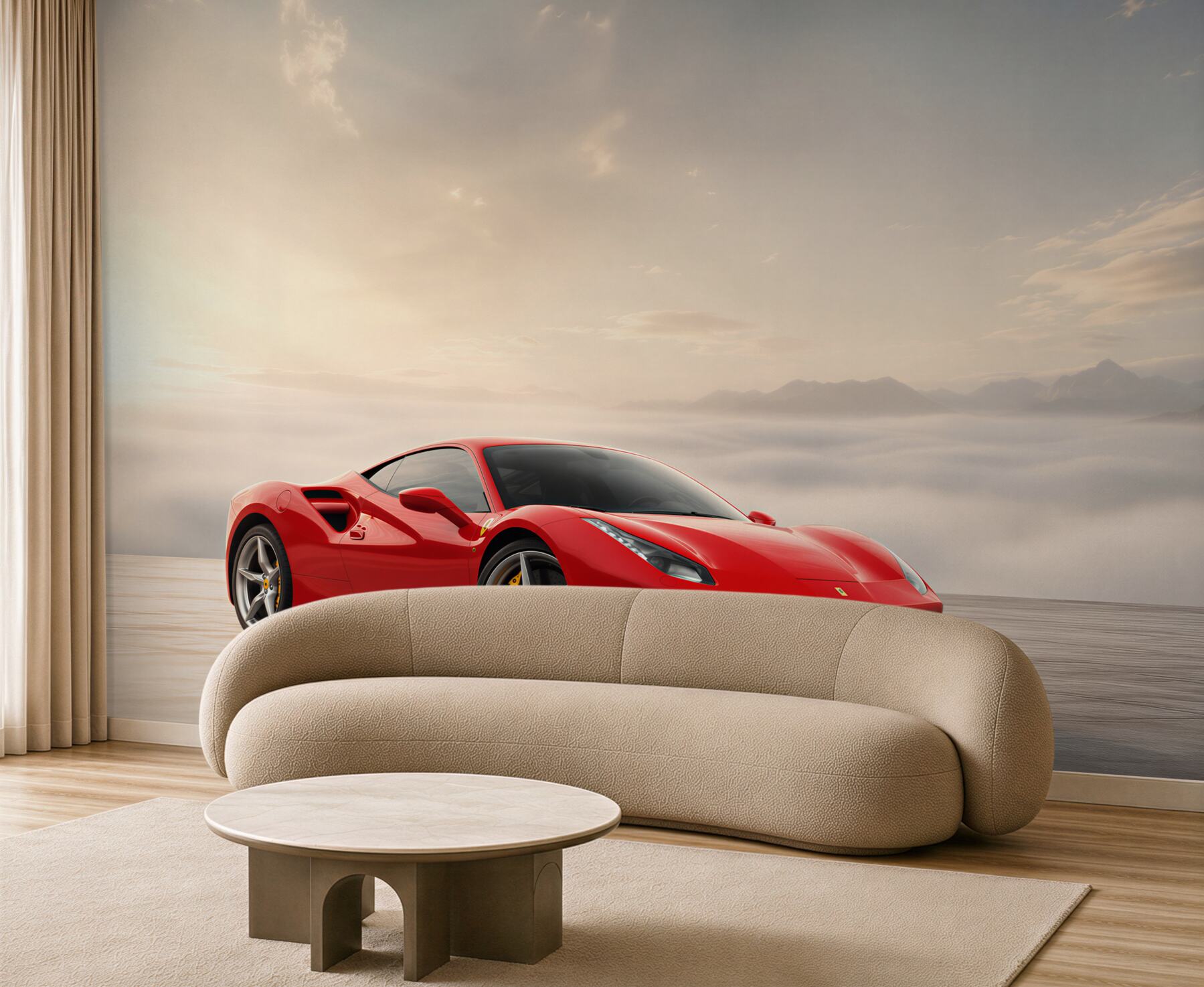 Fototapeta Jasnoczerwone Ferrari w deszczowy dzień?v23