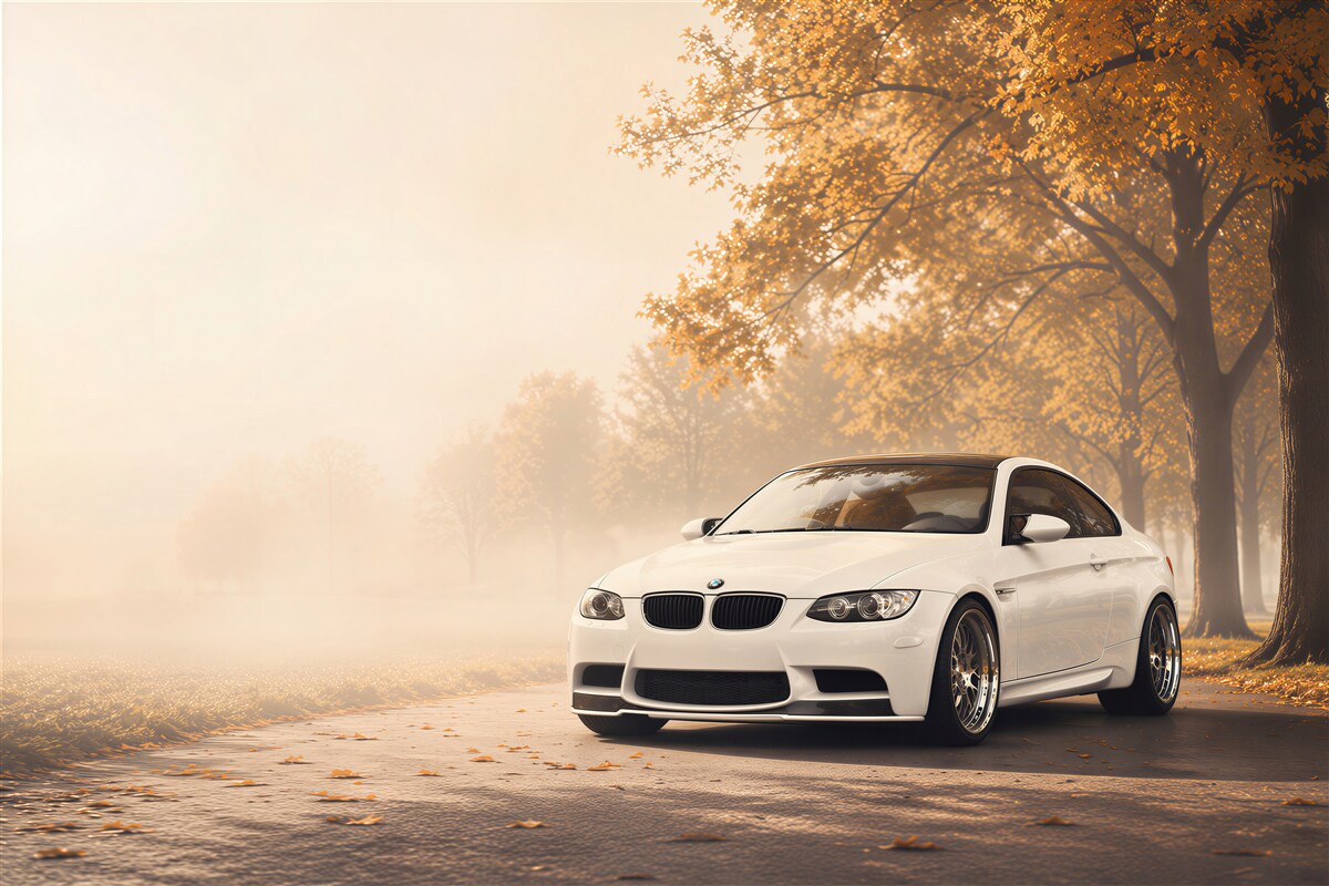 Fototapeta Białe BMW na drodze jesienią