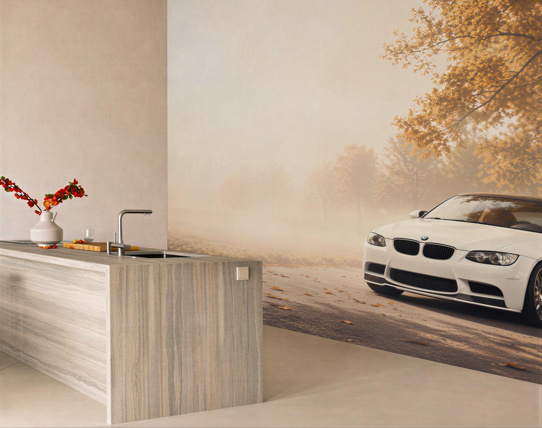 Fototapeta Białe BMW na drodze jesienią?v23