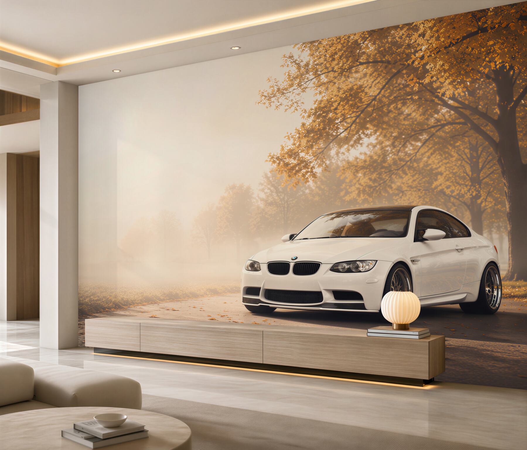 Fototapeta Białe BMW na drodze jesienią?v23