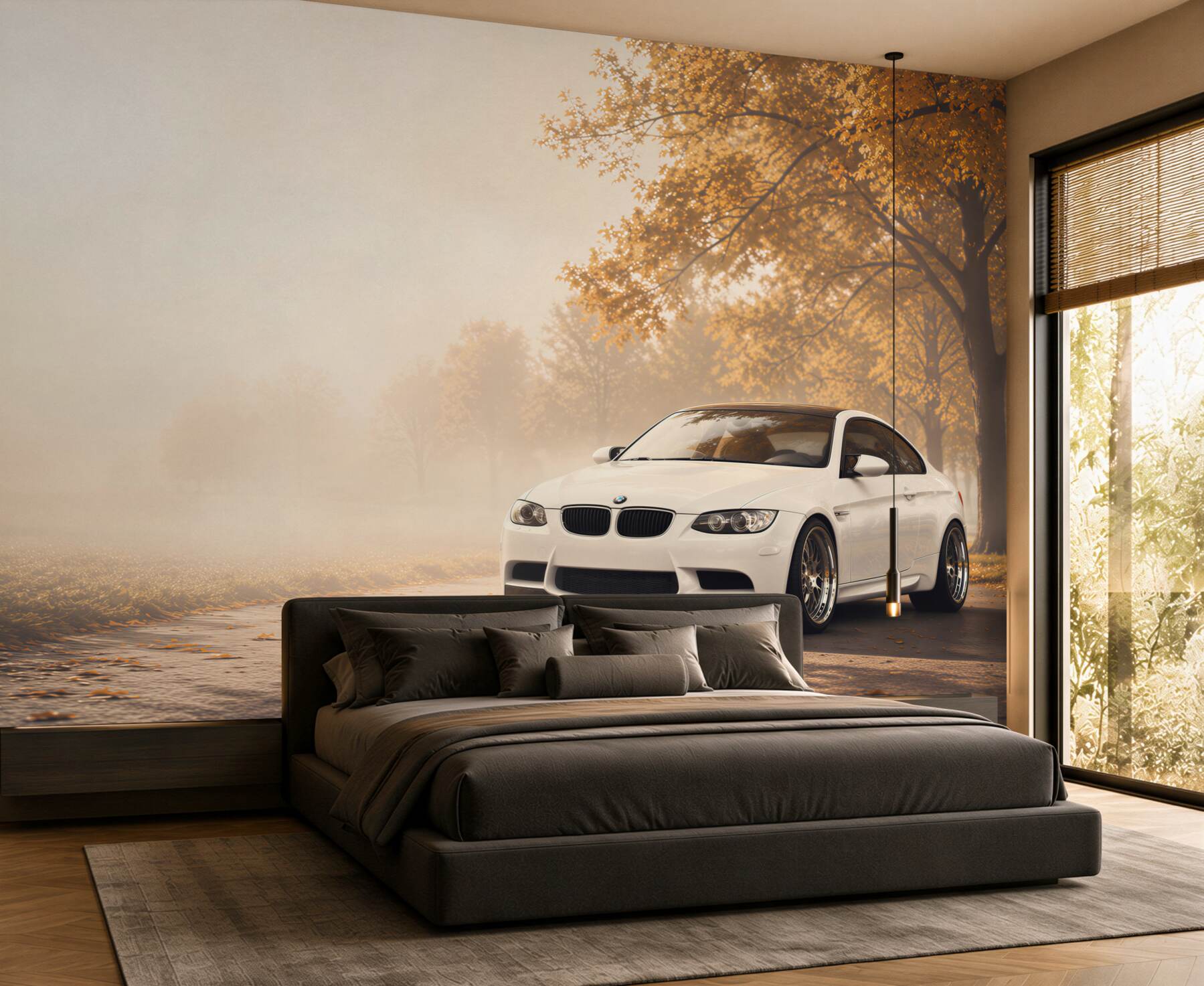 Fototapeta Białe BMW na drodze jesienią?v23