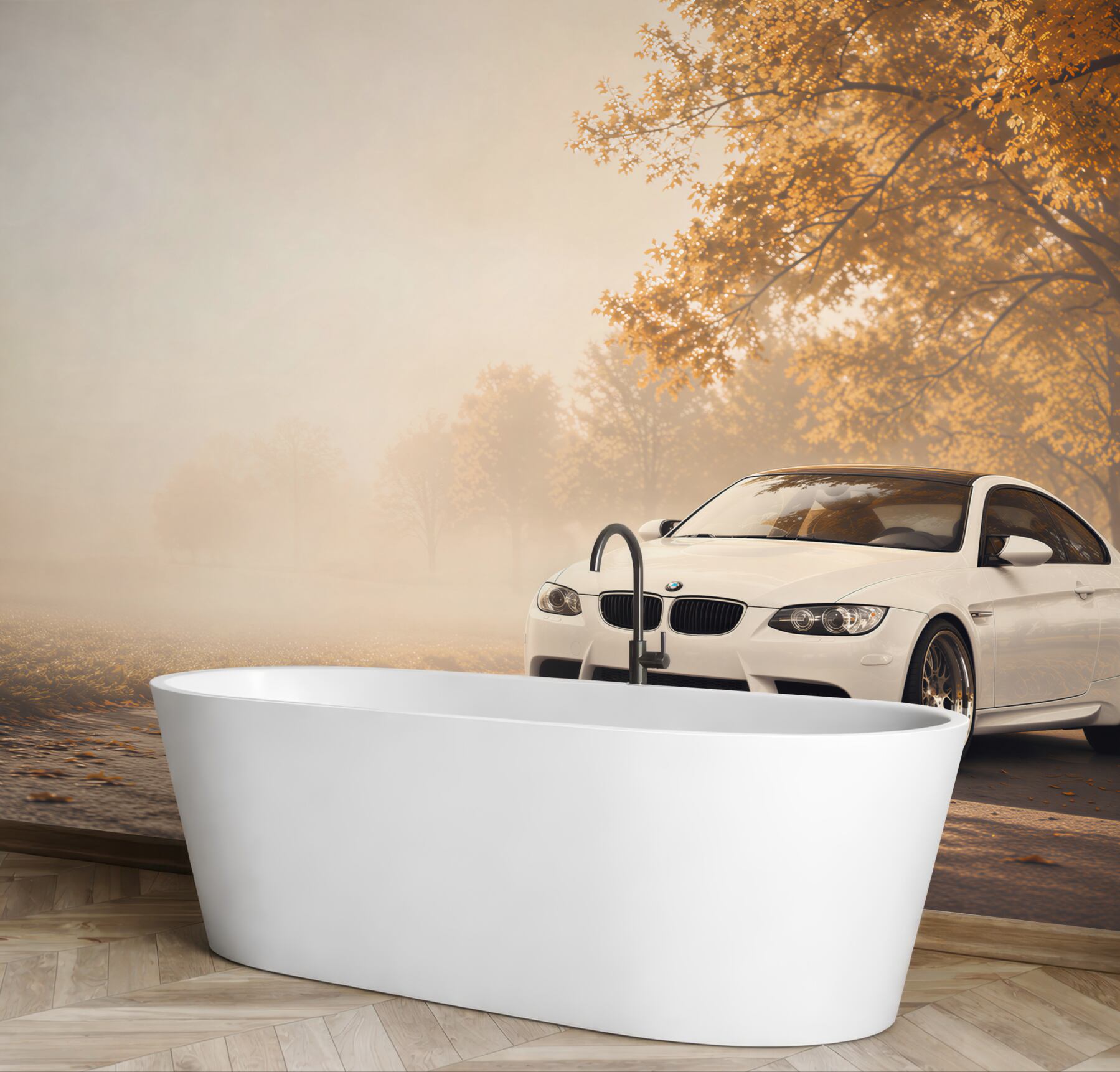 Fototapeta Białe BMW na drodze jesienią?v23