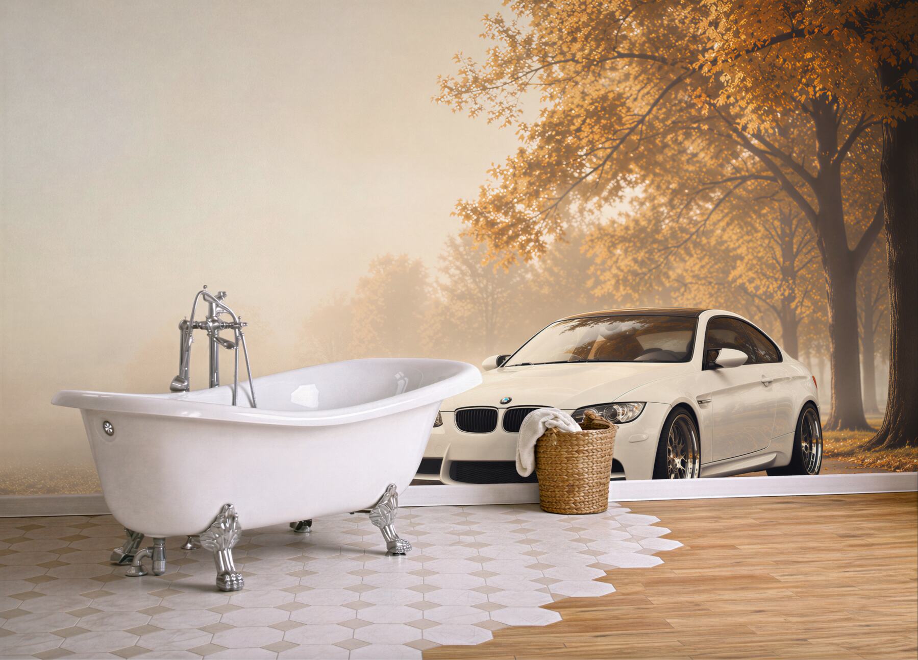 Fototapeta Białe BMW na drodze jesienią?v23