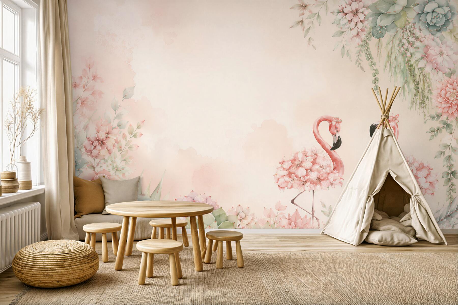 Fototapeta Dwa różowe flamingi wśród kwiatów i zieleni?v23