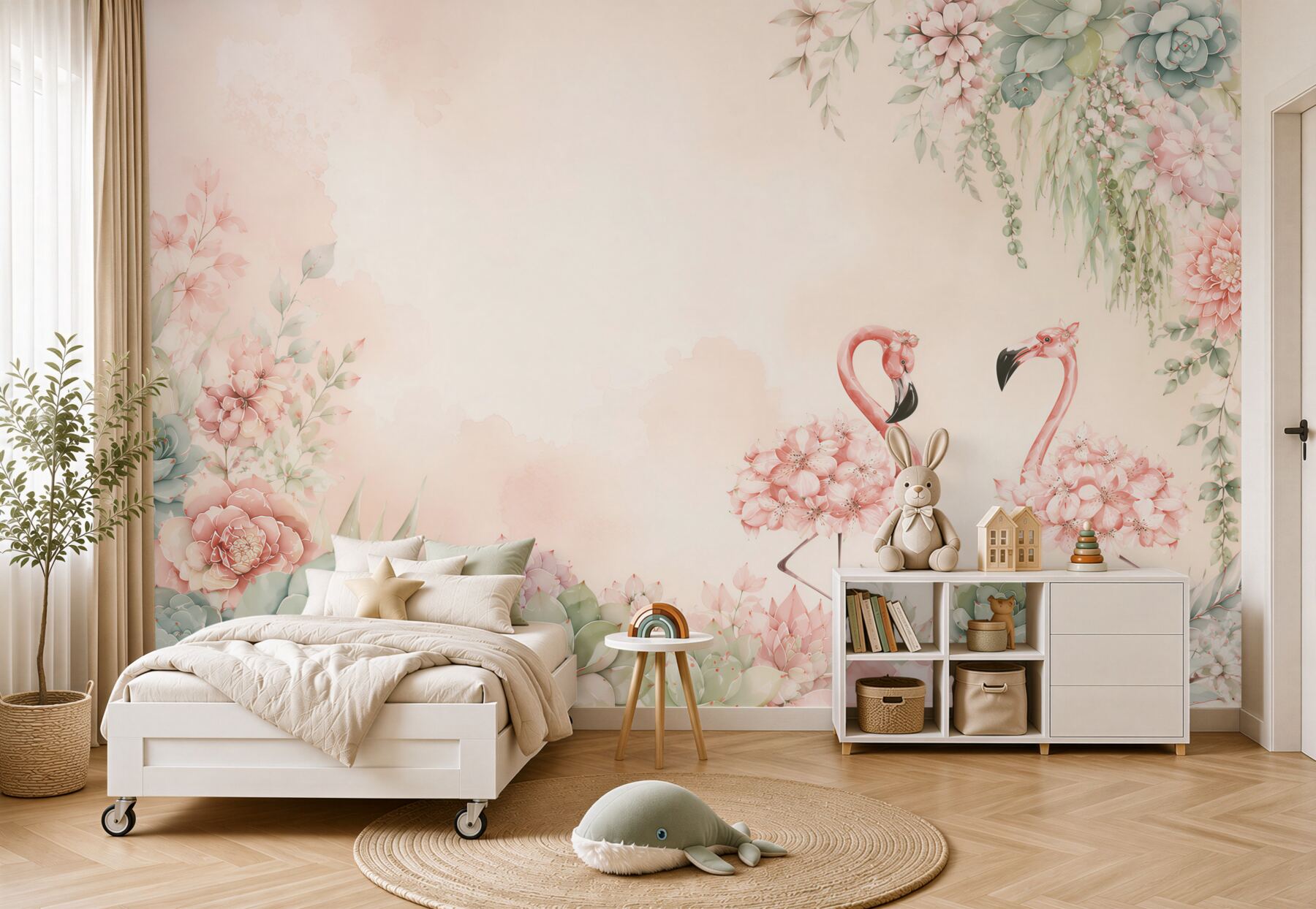 Fototapeta Dwa różowe flamingi wśród kwiatów i zieleni?v23
