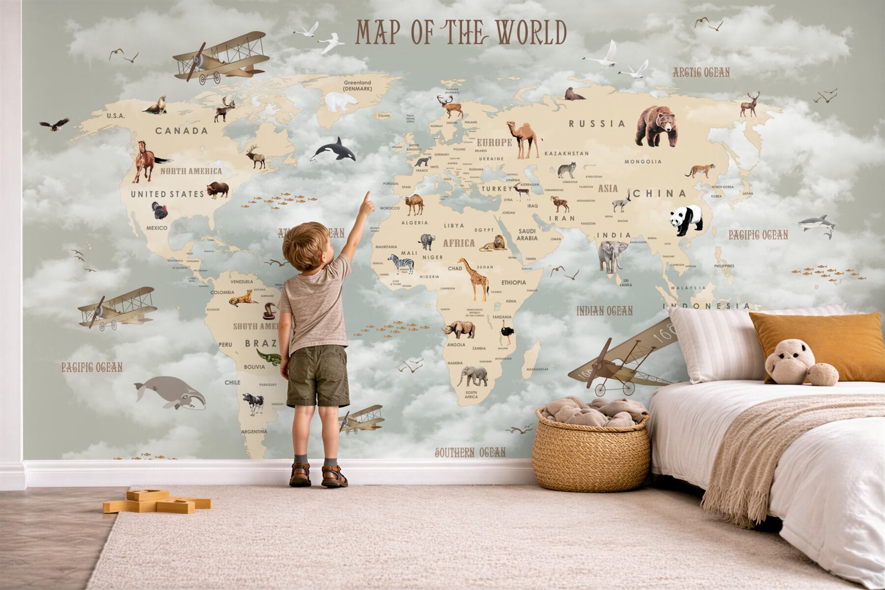 Fototapeta Mapa świata ze szczegółami dotyczącymi zwierząt i transportu?v23