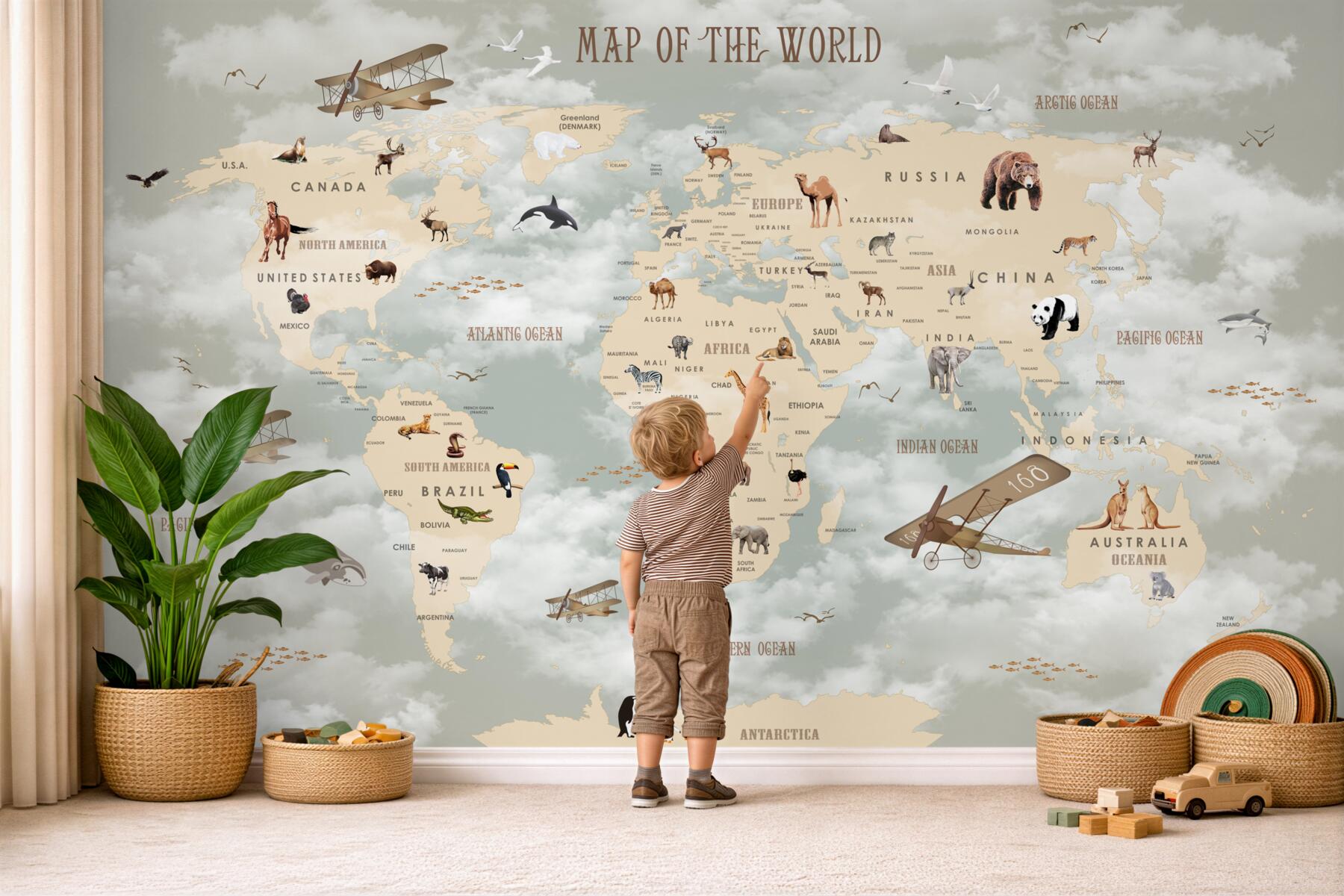 Fototapeta Mapa świata ze szczegółami dotyczącymi zwierząt i transportu?v23