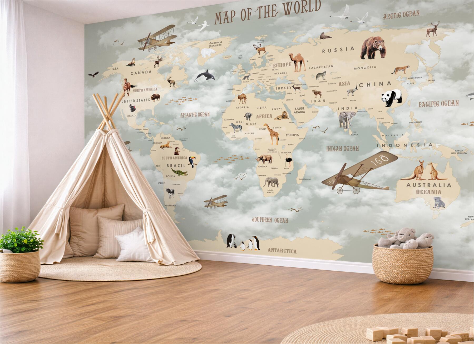 Fototapeta Mapa świata ze szczegółami dotyczącymi zwierząt i transportu?v23