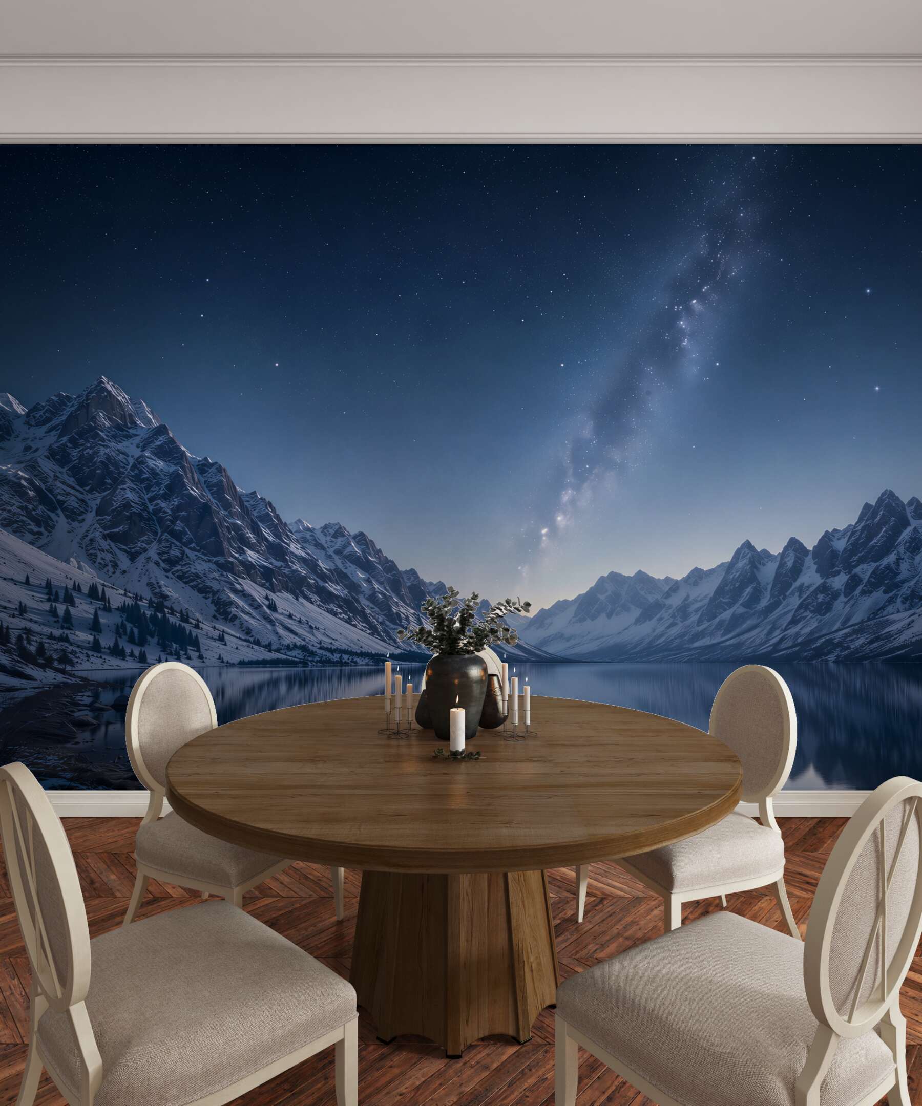 Fototapeta rozgwieżdżone nocne niebo nad górami i rzeką?v23