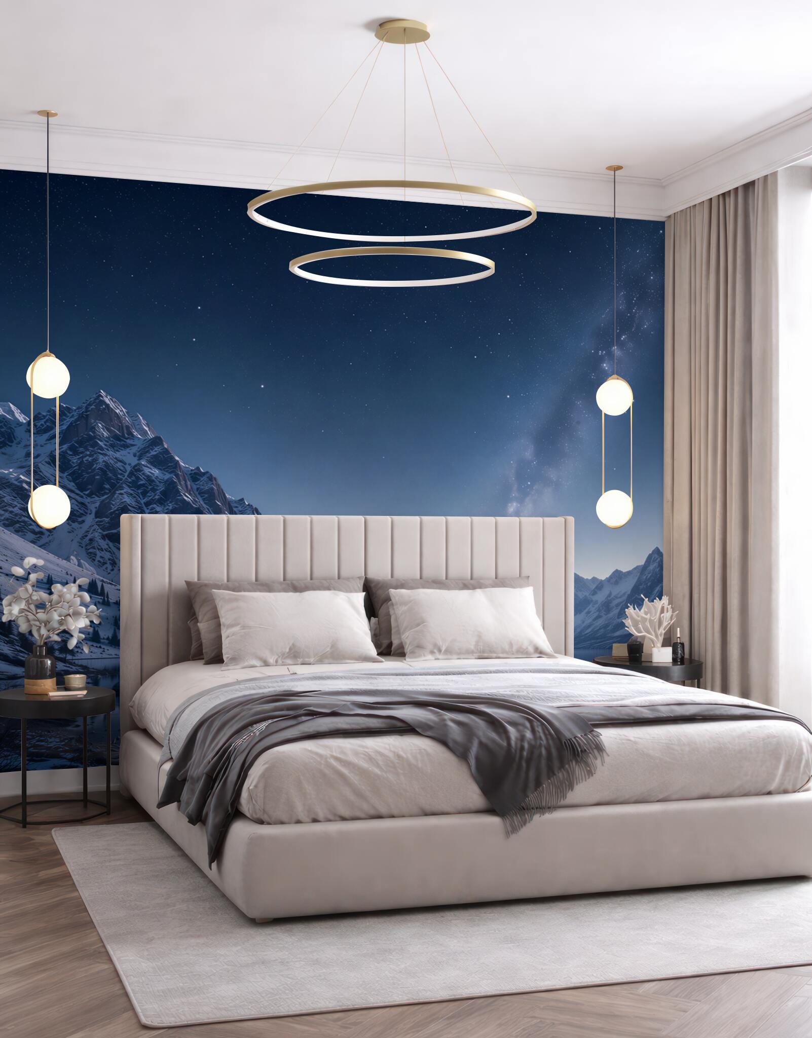 Fototapeta rozgwieżdżone nocne niebo nad górami i rzeką?v23
