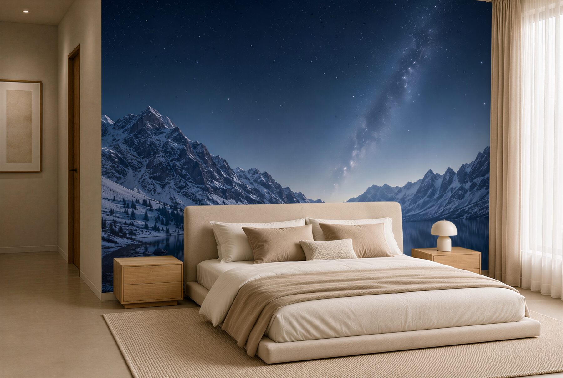 Fototapeta rozgwieżdżone nocne niebo nad górami i rzeką