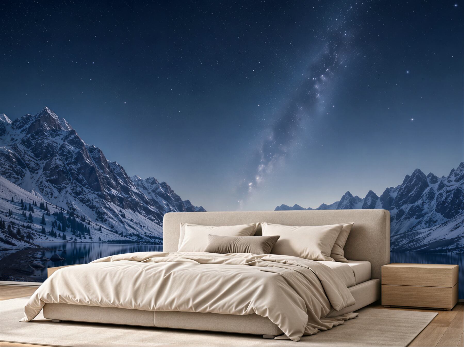 Fototapeta rozgwieżdżone nocne niebo nad górami i rzeką?v23