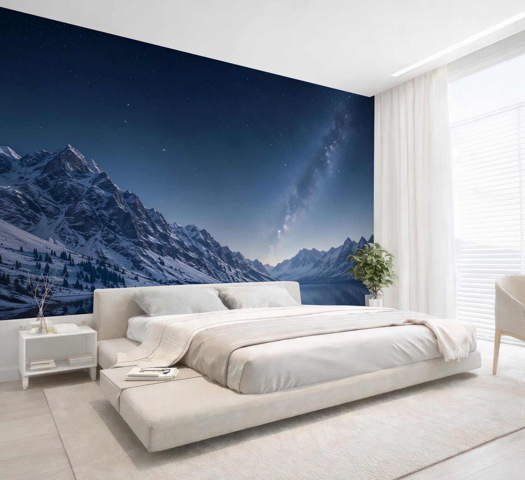 Fototapeta rozgwieżdżone nocne niebo nad górami i rzeką?v23