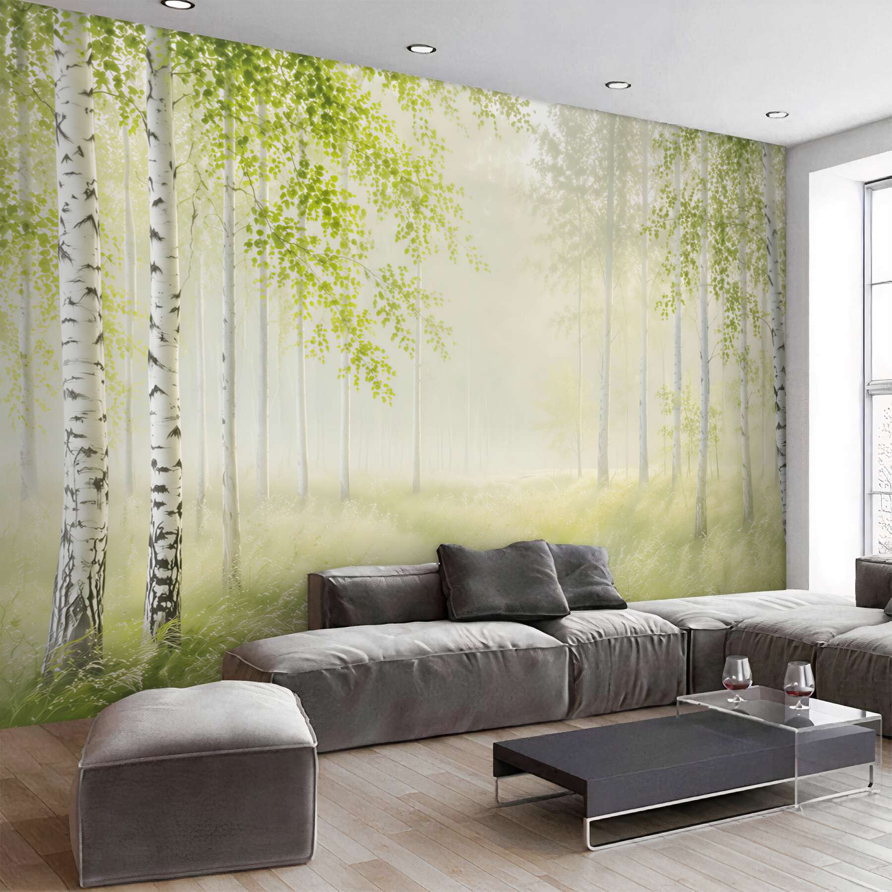 Fototapeta zielona łąka przed brzozami?v23