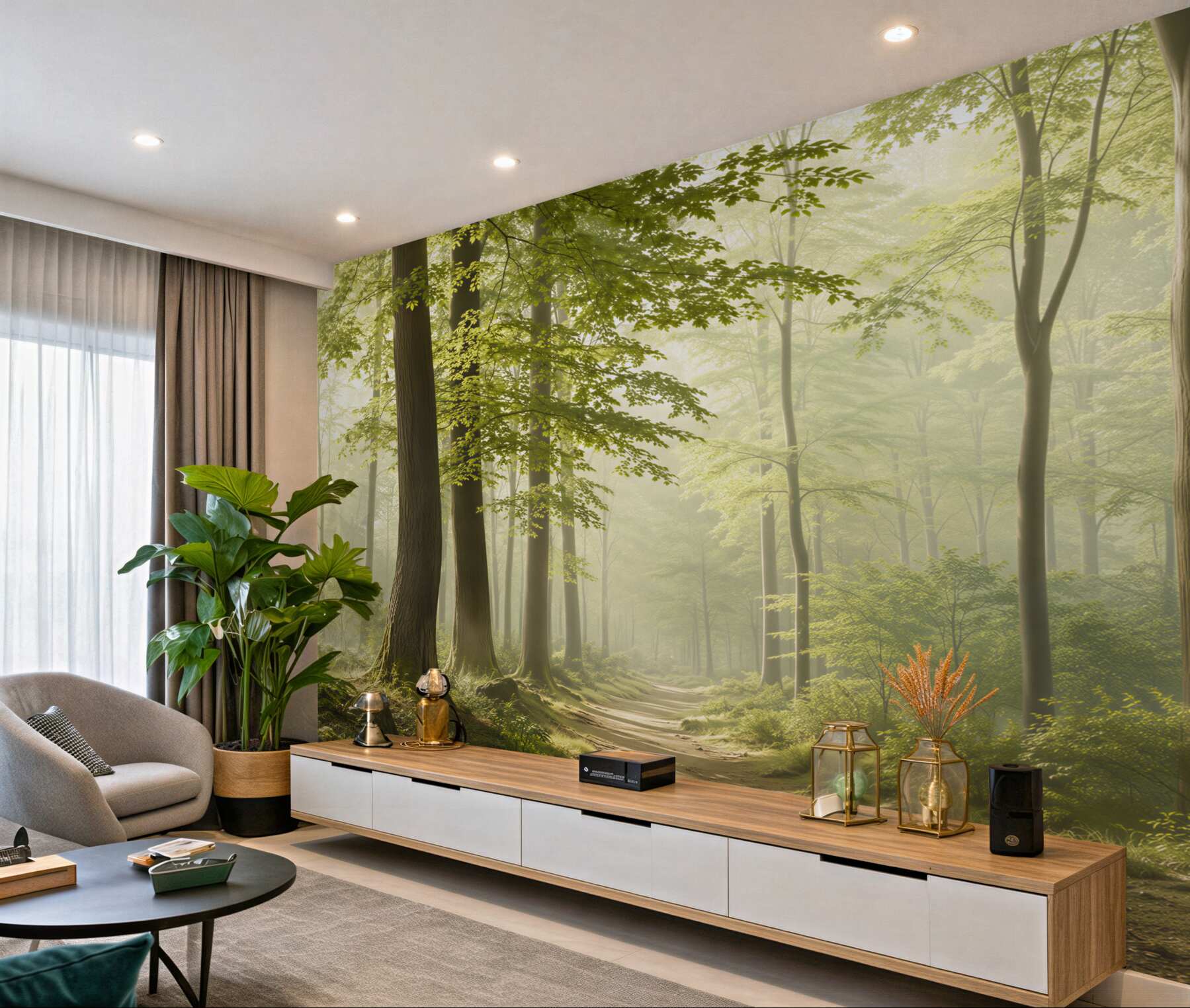 Fototapeta polana w zielonym lesie pokrytym?v23
