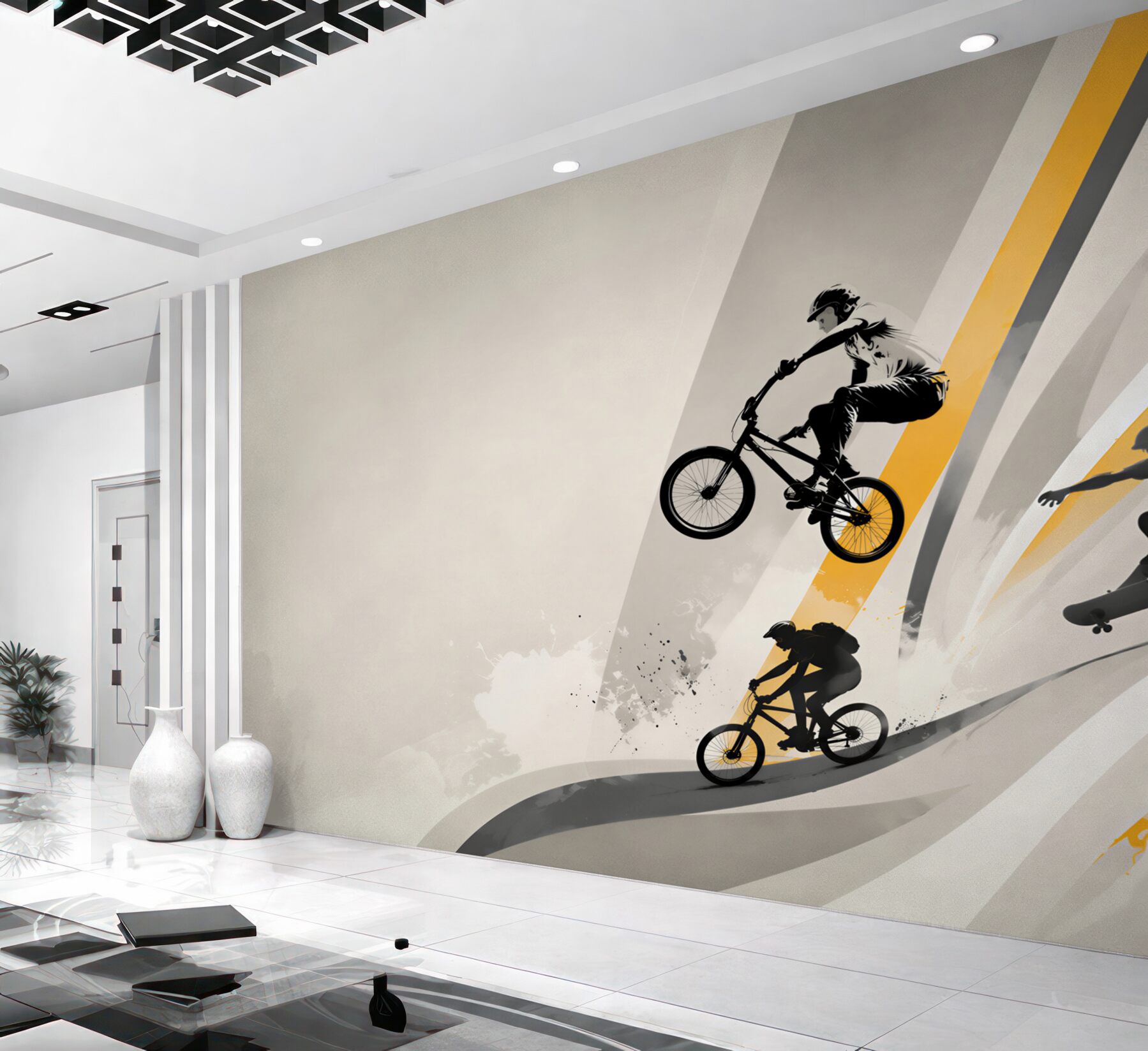 Fototapeta Chłopcy jeżdżą na rowerach i deskorolkach?v23