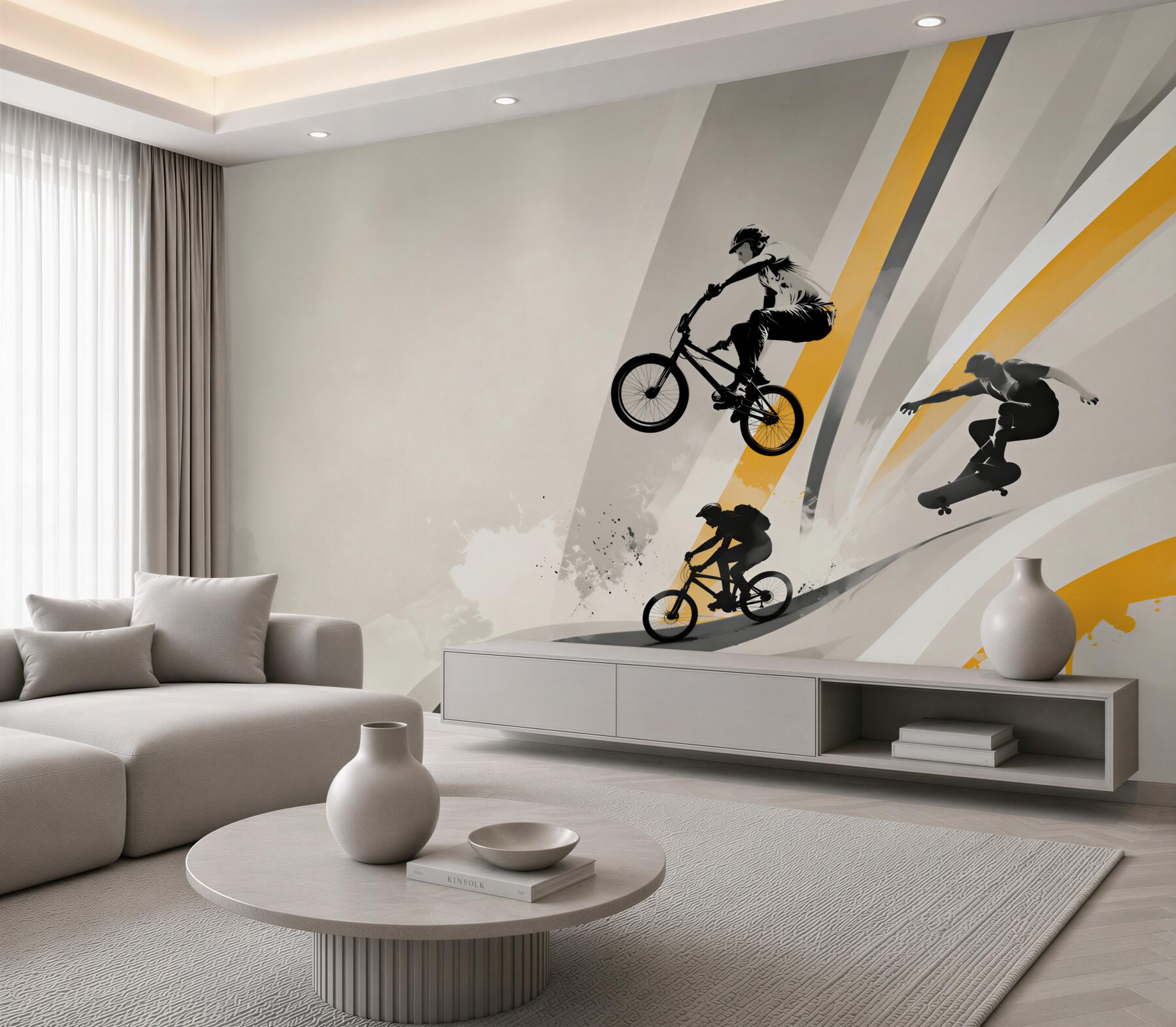 Fototapeta Chłopcy jeżdżą na rowerach i deskorolkach?v23