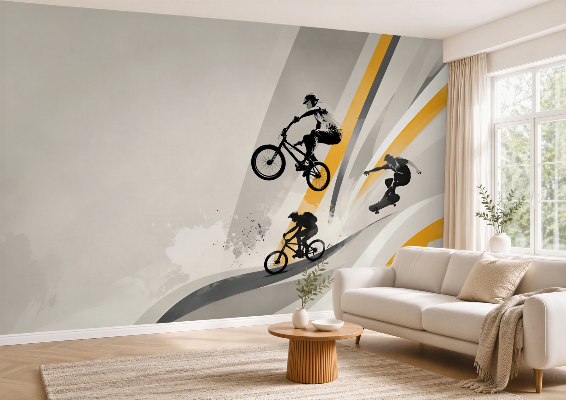 Fototapeta Chłopcy jeżdżą na rowerach i deskorolkach?v23