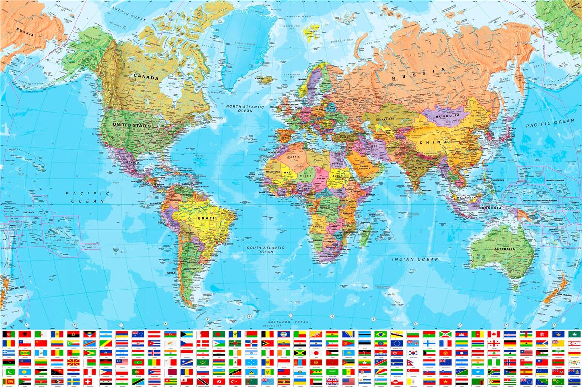 Fototapeta Mapa polityczna świata z flagami