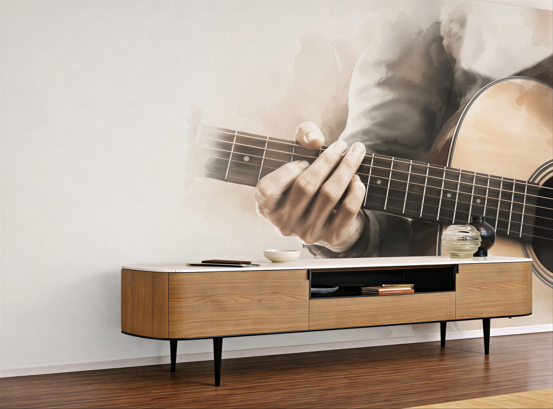 Fototapeta gitara klasyczna z dłonią muzyka w sepii?v23