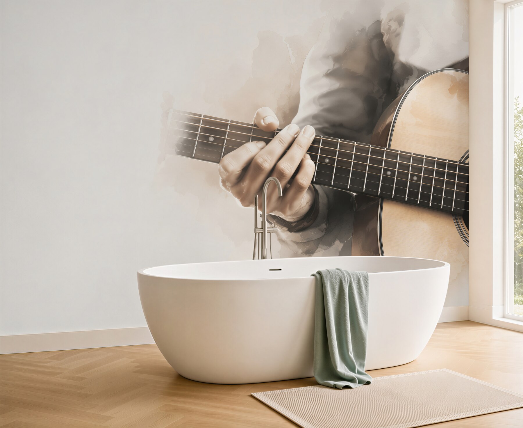 Fototapeta gitara klasyczna z dłonią muzyka w sepii?v23