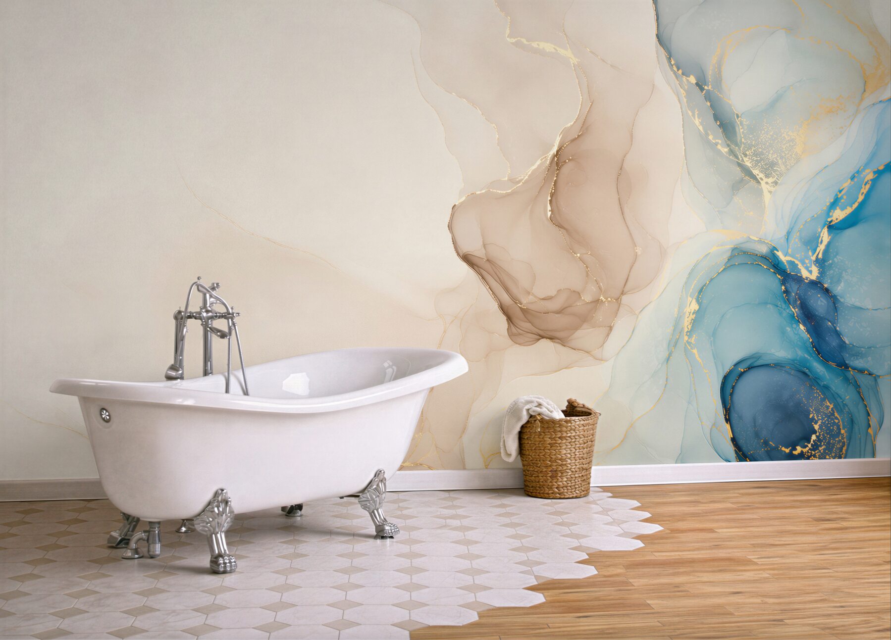 Fototapeta abstrakcja akwarelowa niebiesko beżowa ze złotymi akcentami?v23
