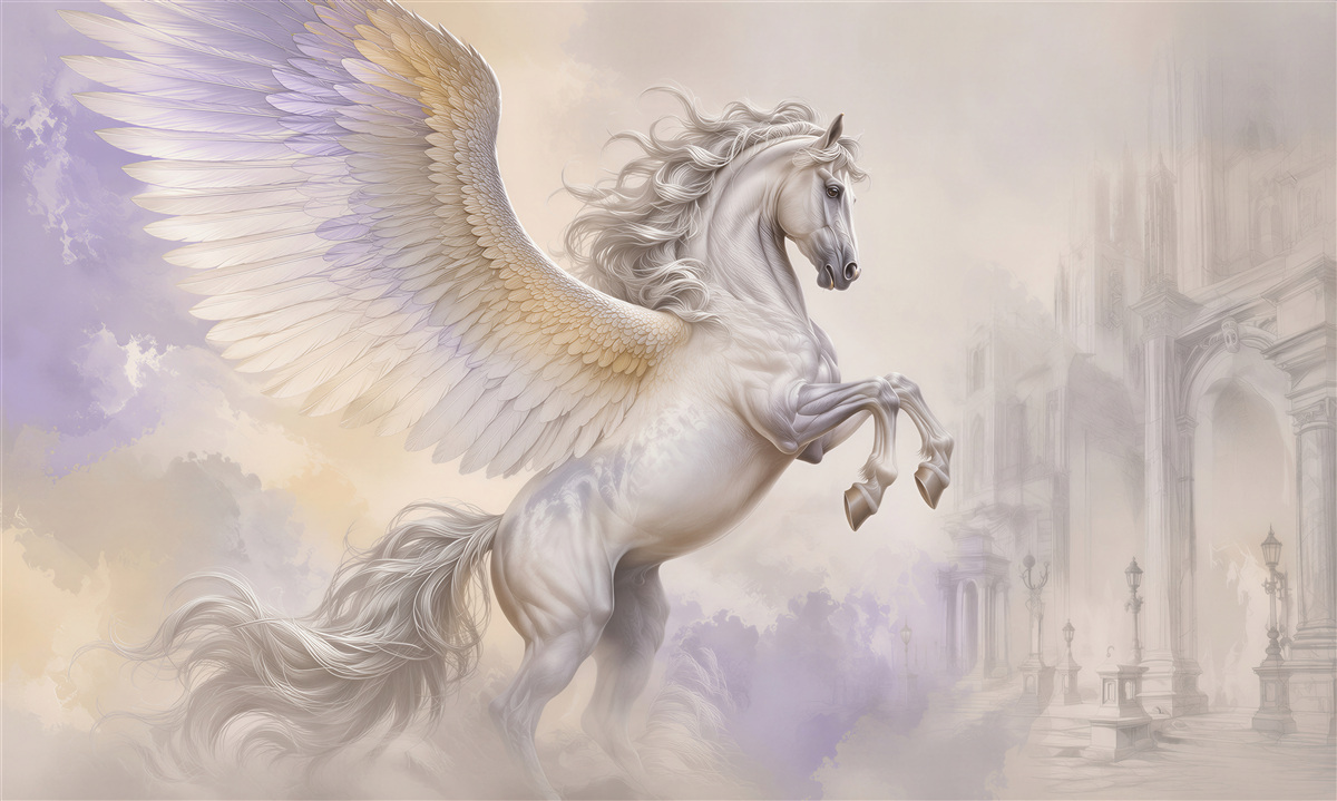 Fototapeta biały pegaz w chmurach fantasy pastelowa