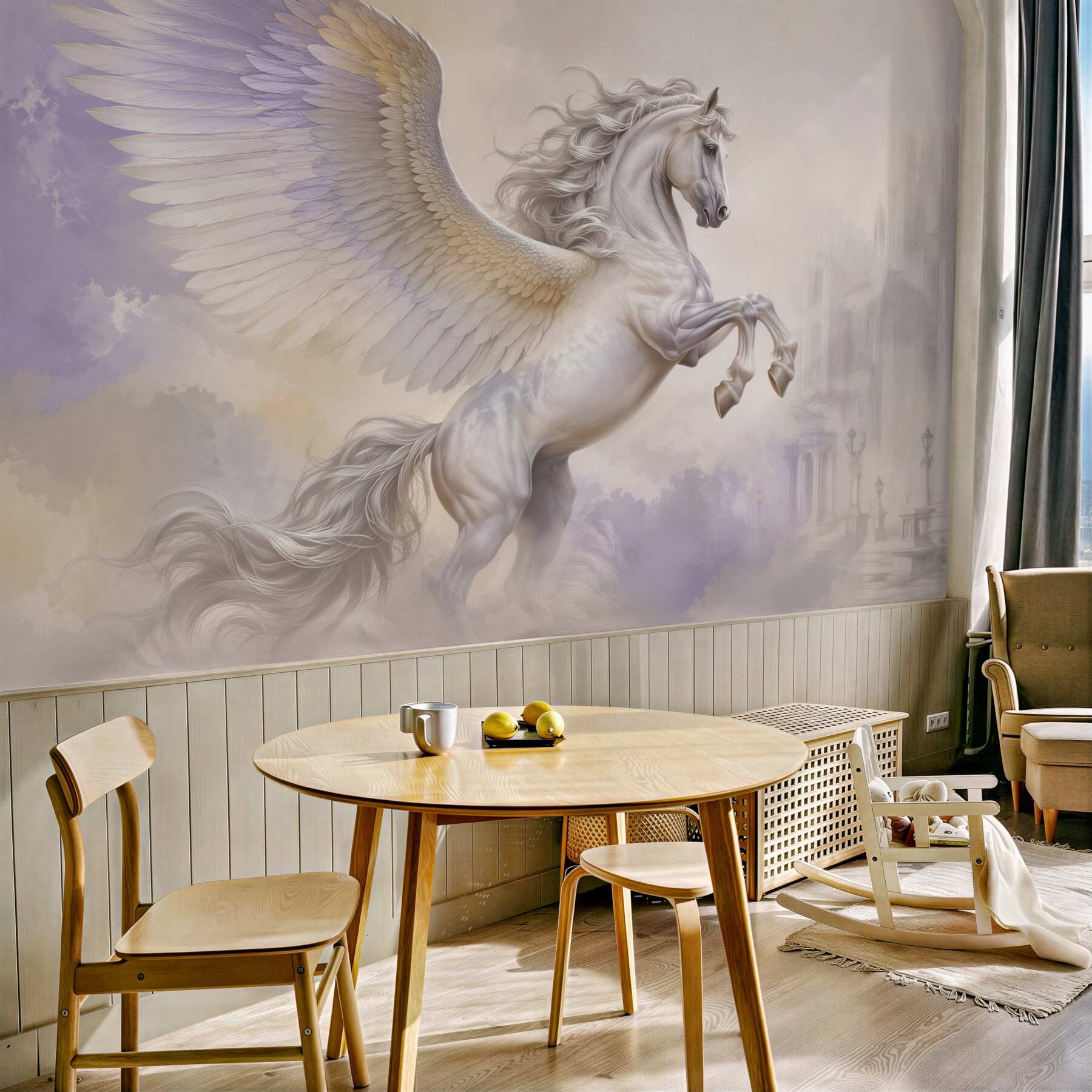 Fototapeta biały pegaz w chmurach fantasy pastelowa?v23
