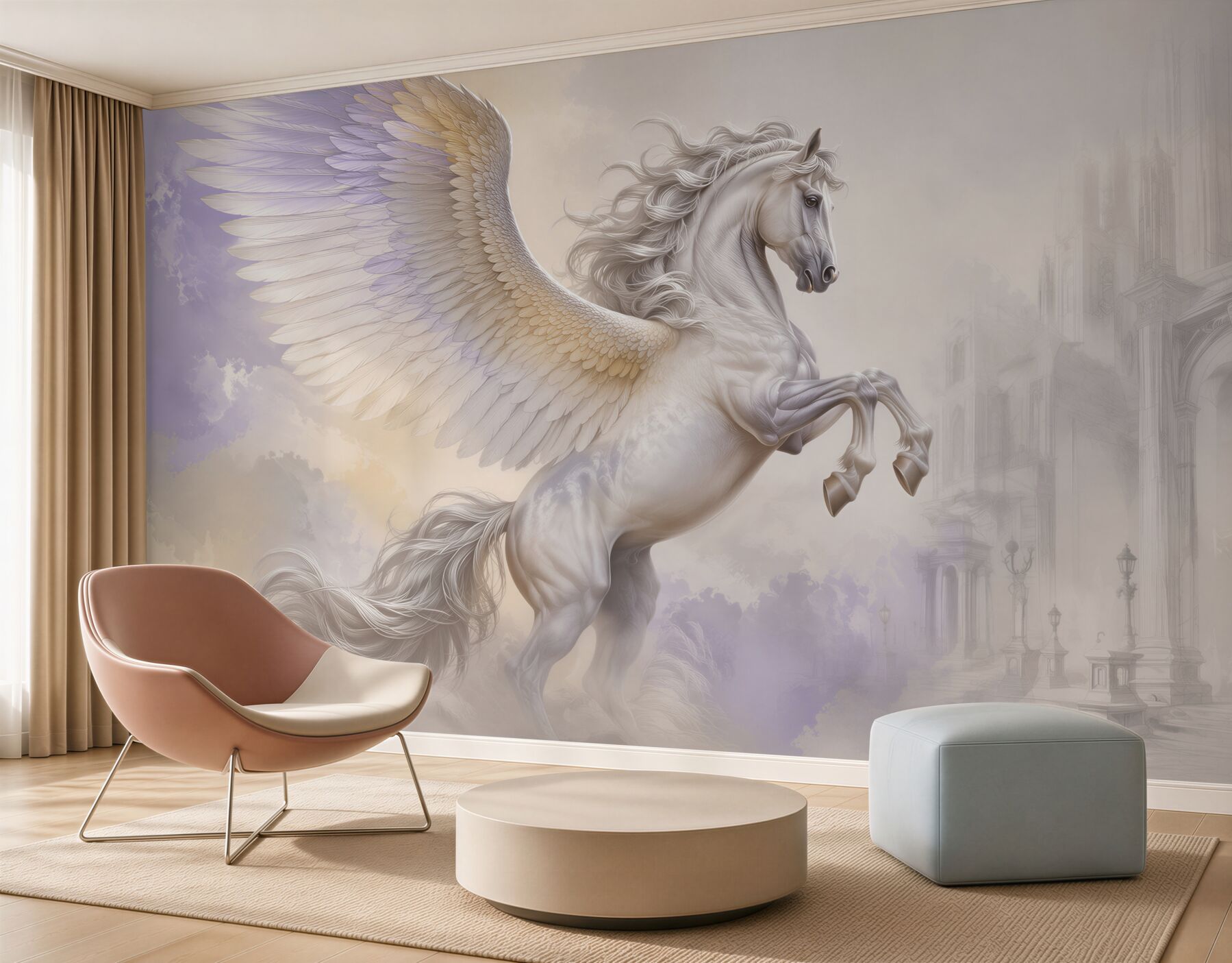 Fototapeta biały pegaz w chmurach fantasy pastelowa?v23