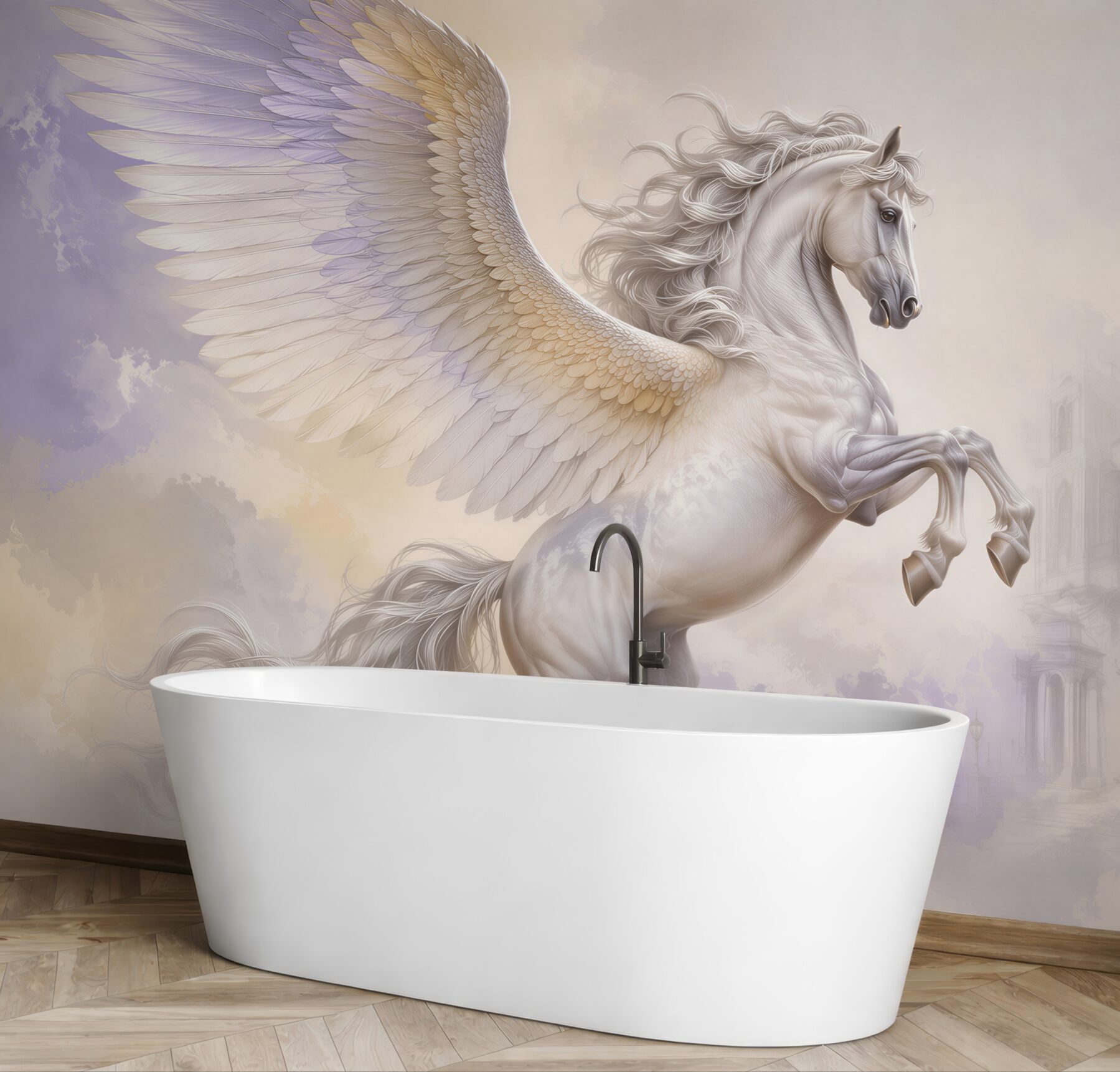 Fototapeta biały pegaz w chmurach fantasy pastelowa?v23