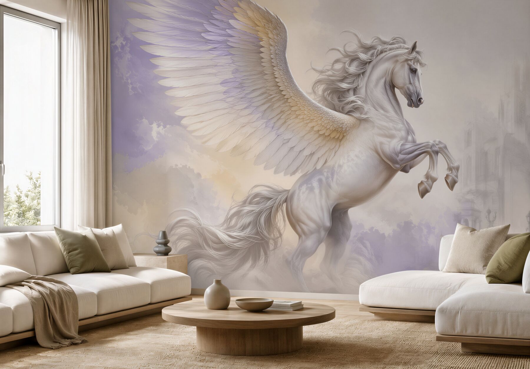 Fototapeta biały pegaz w chmurach fantasy pastelowa?v23
