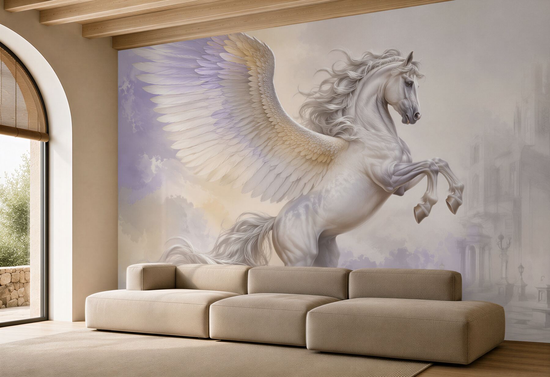 Fototapeta biały pegaz w chmurach fantasy pastelowa?v23