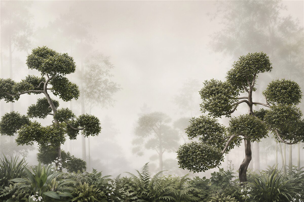 Fototapeta bonsai we mgle zielona orientalna do nowoczesnego wnętrza