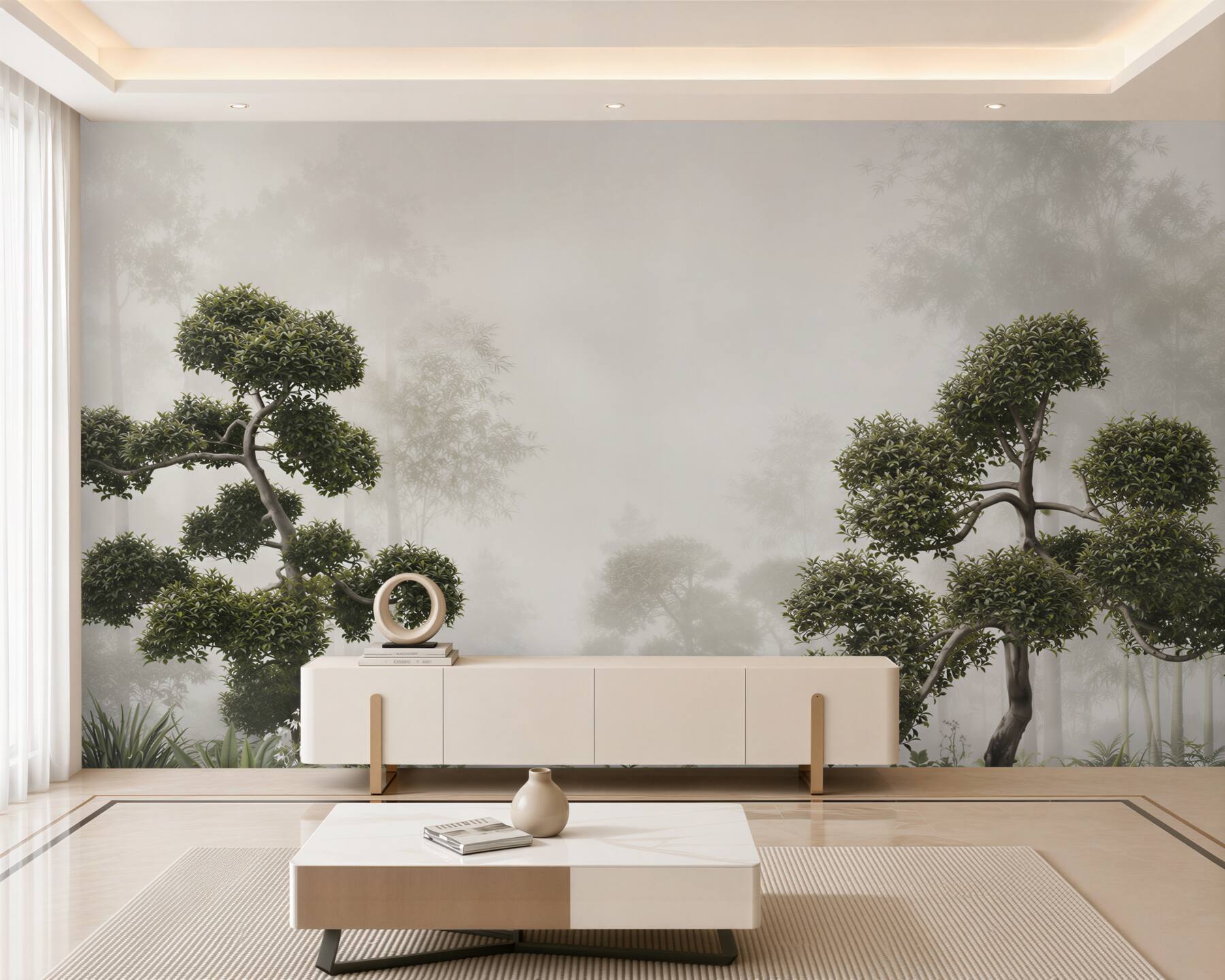 Fototapeta bonsai we mgle zielona orientalna do nowoczesnego wnętrza?v23