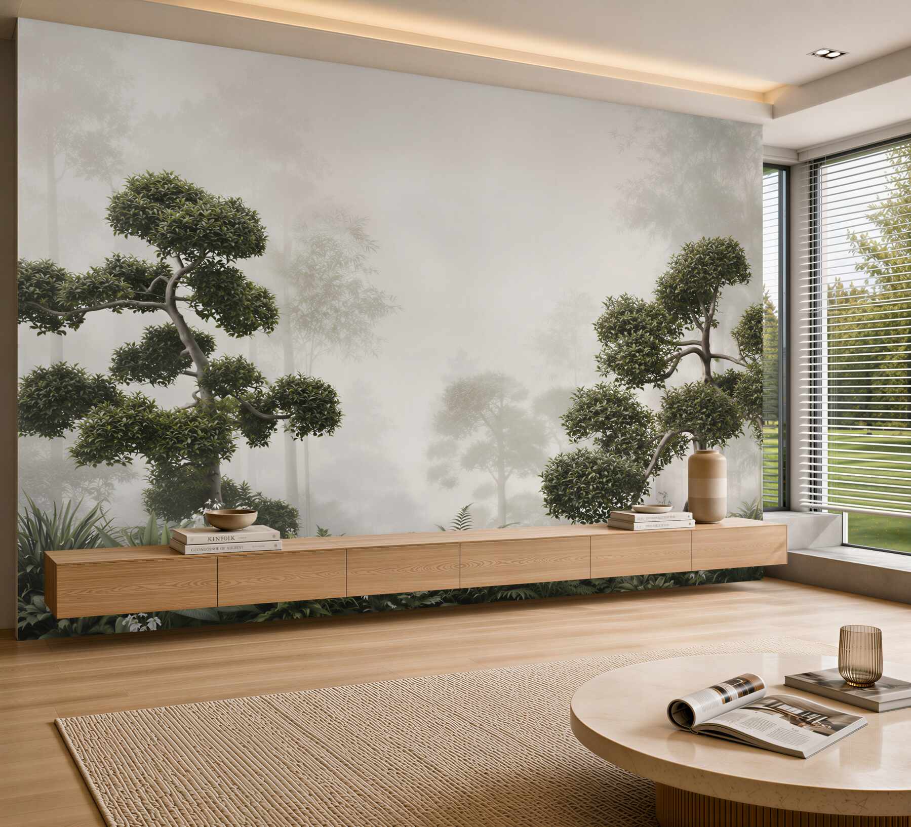 Fototapeta bonsai we mgle zielona orientalna do nowoczesnego wnętrza?v23