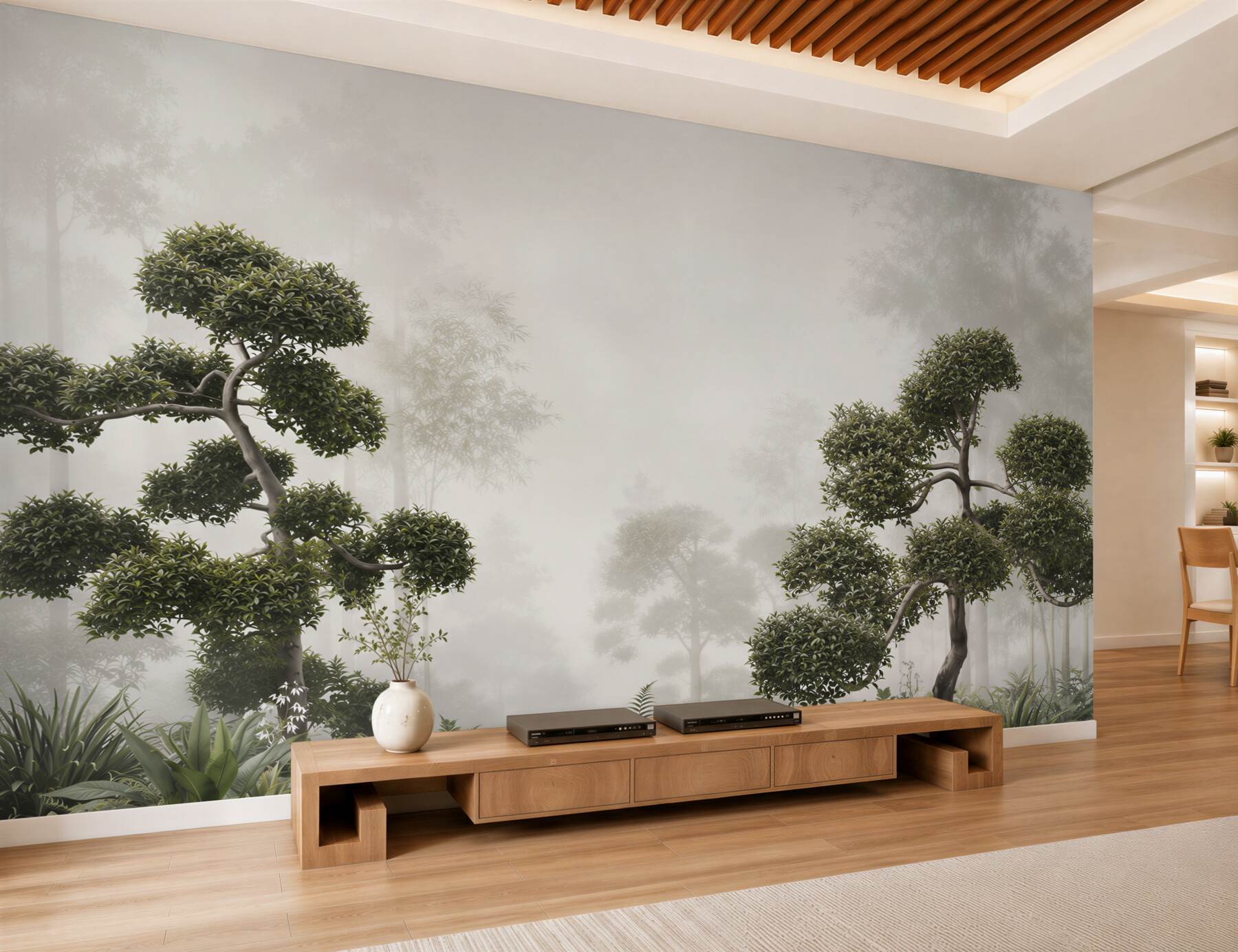 Fototapeta bonsai we mgle zielona orientalna do nowoczesnego wnętrza?v23