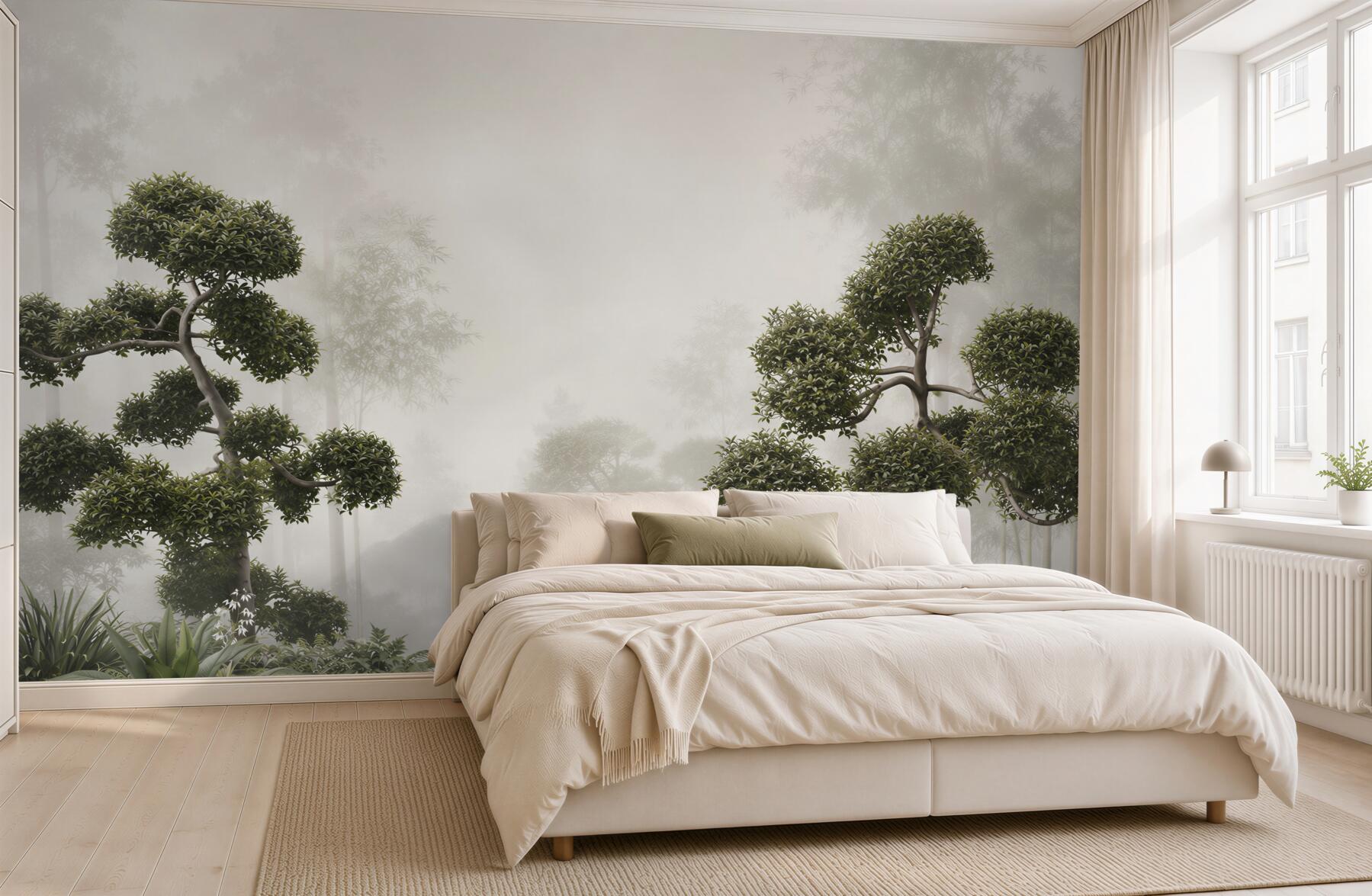 Fototapeta bonsai we mgle zielona orientalna do nowoczesnego wnętrza?v23