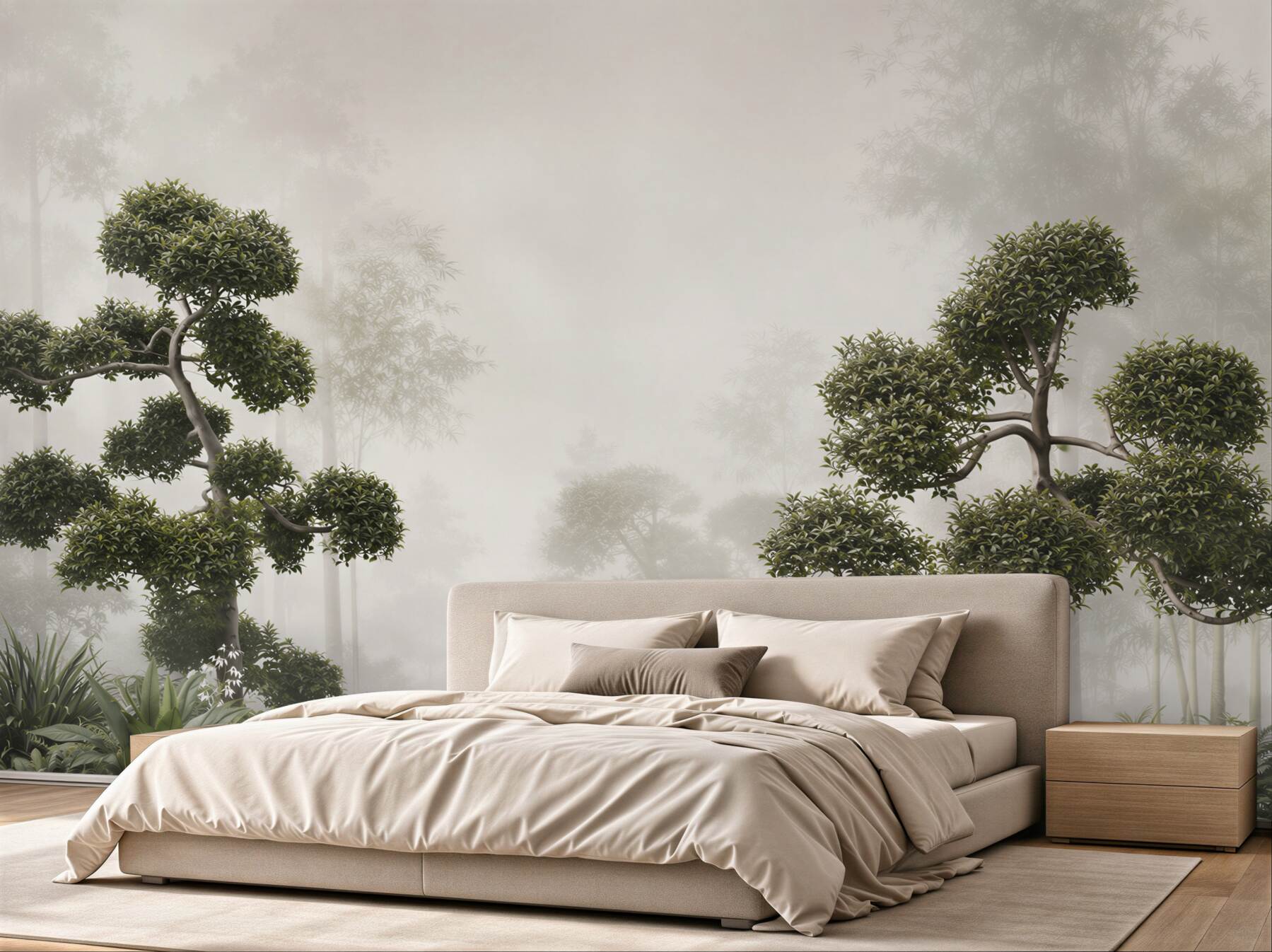 Fototapeta bonsai we mgle zielona orientalna do nowoczesnego wnętrza?v23